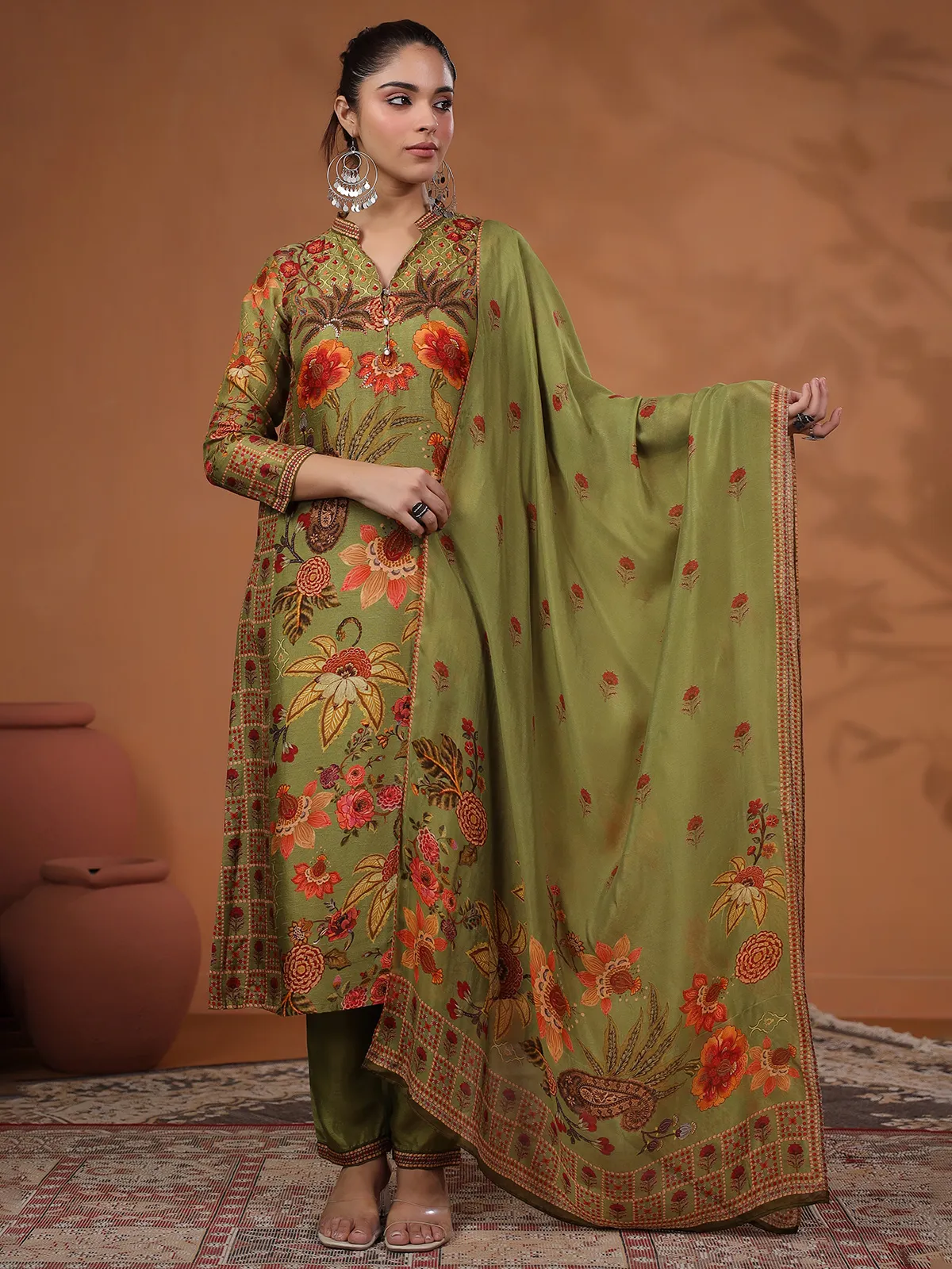 Newest mehendi green kurti set with dupatta