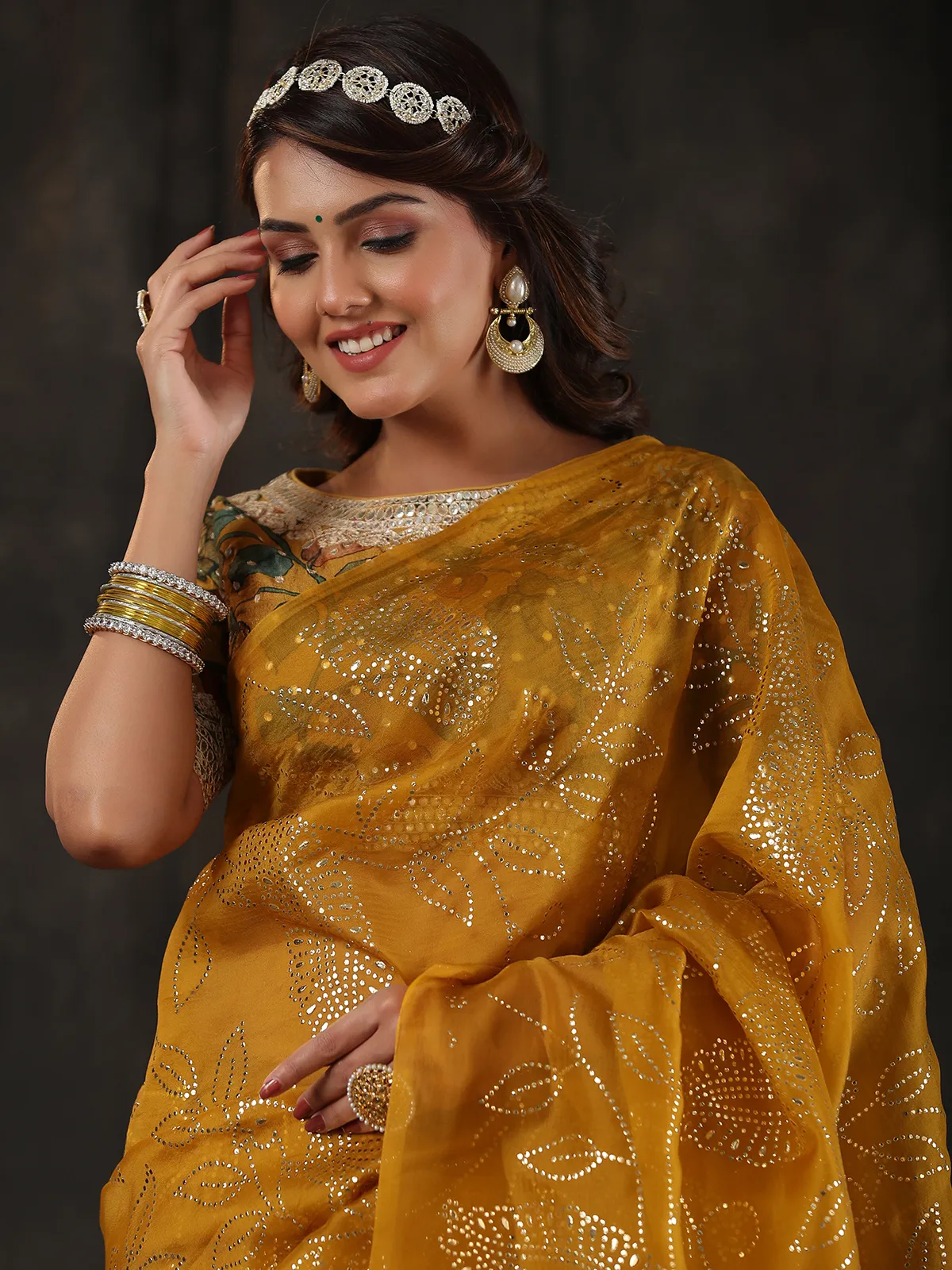 Newest mustard yellow organza saree