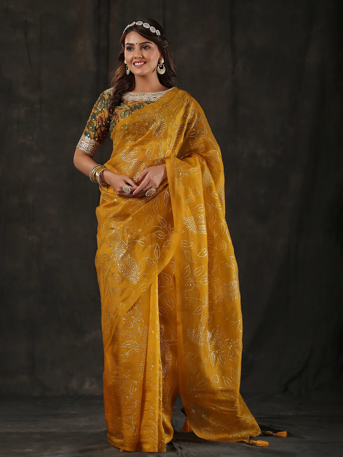 Newest mustard yellow organza saree