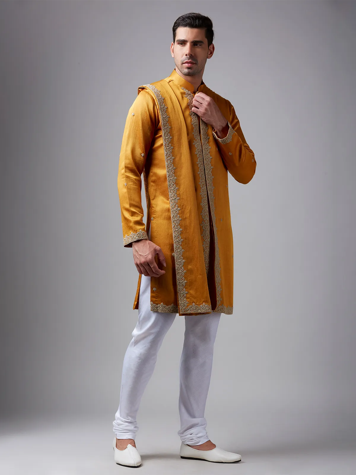 Newest mustard yellow silk  Men Kurta pajama