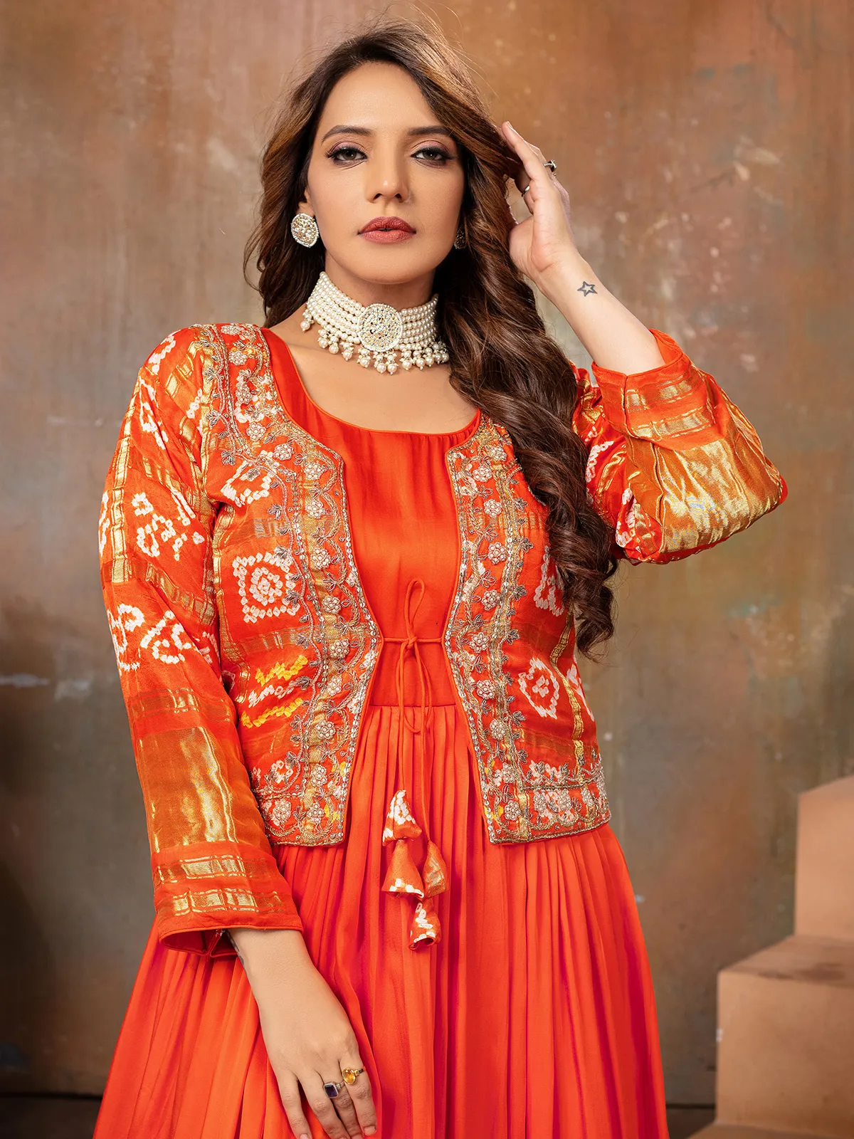 Newest orange satin anarkali suit for wedding