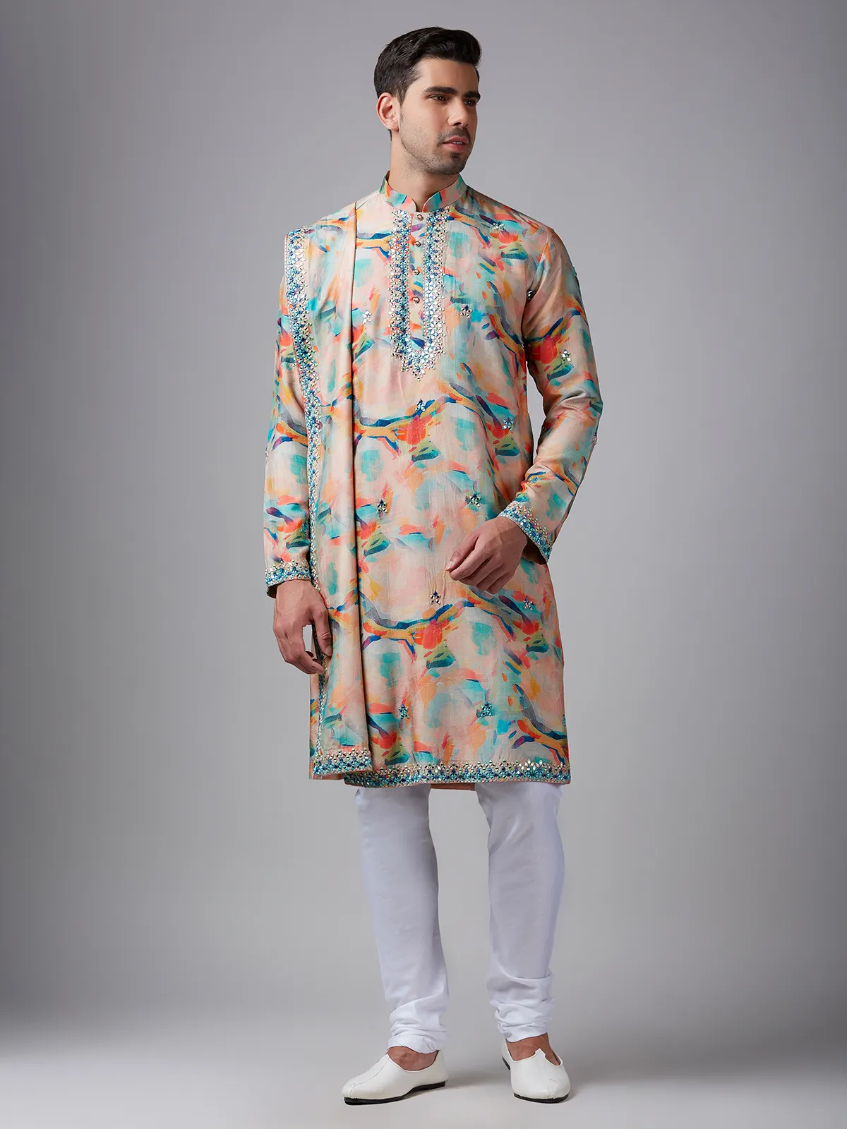 Newest peach silk printed  Men Kurta pajama