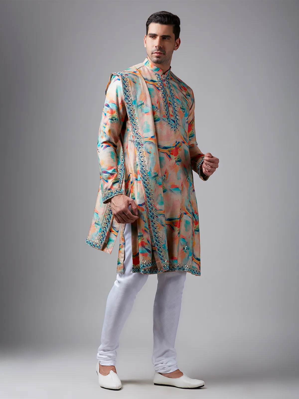 Newest peach silk printed  Men Kurta pajama