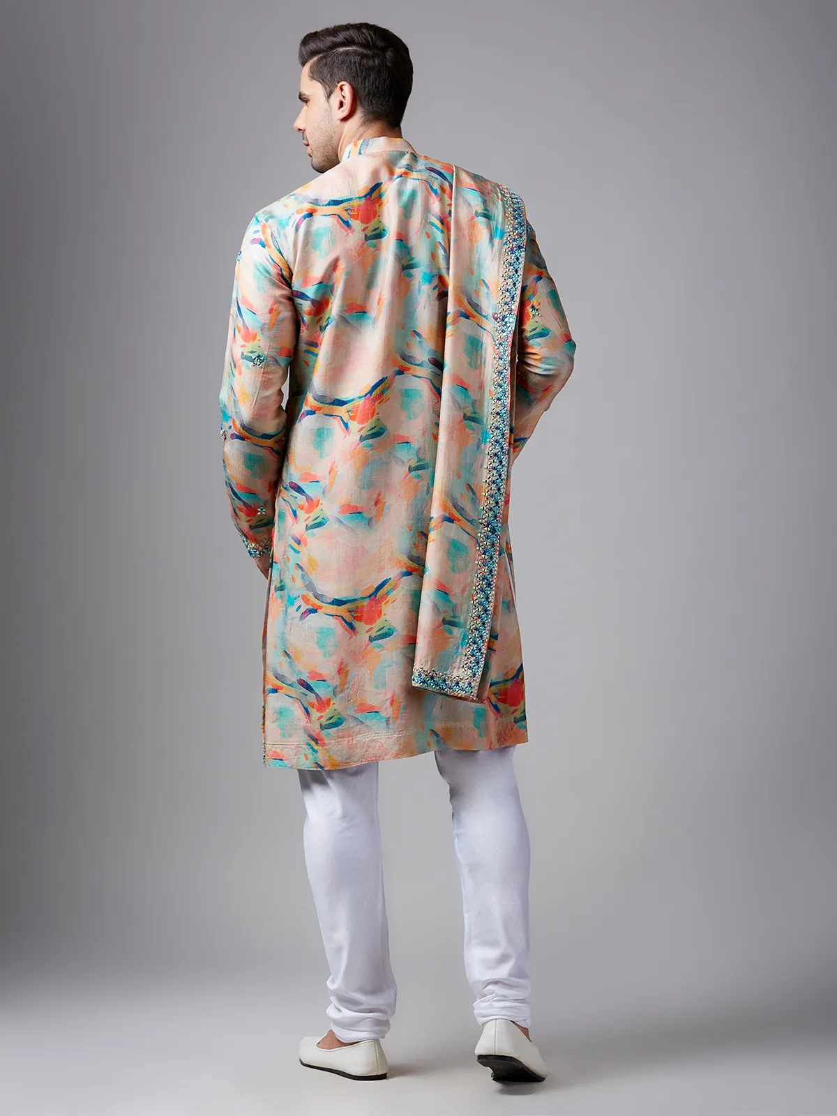 Newest peach silk printed  Men Kurta pajama