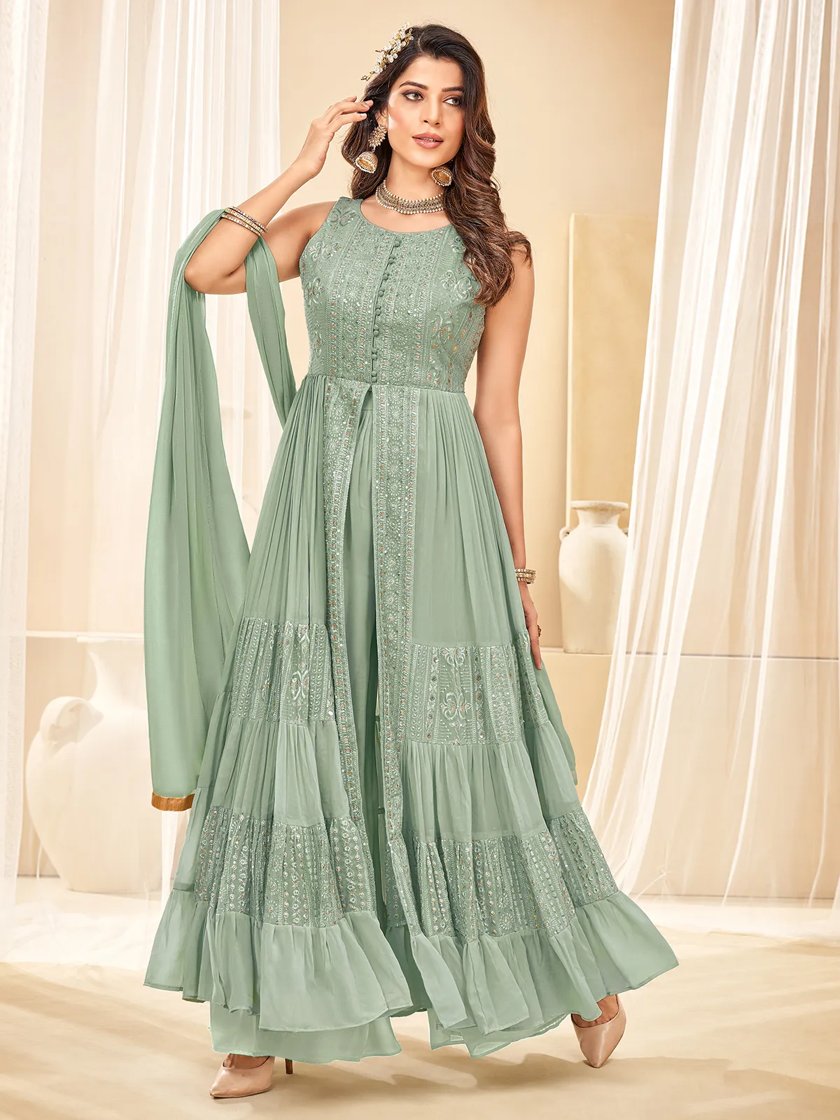 Newest pista green georgette palazzo suit