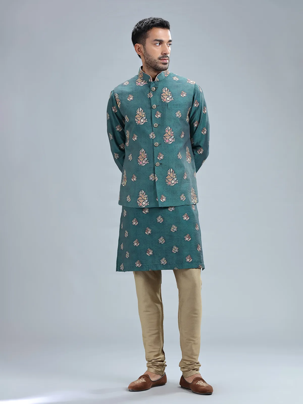 Newest rama blue silk waistcoat set