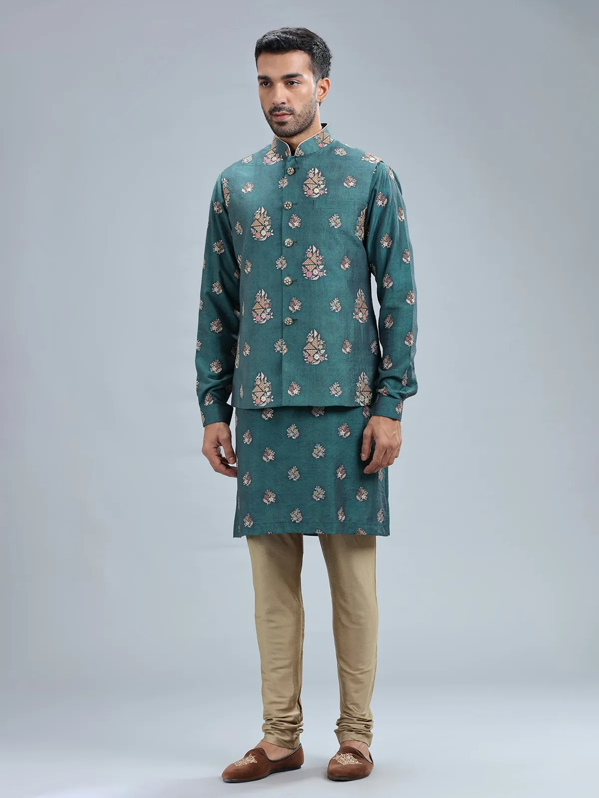 Newest rama blue silk waistcoat set