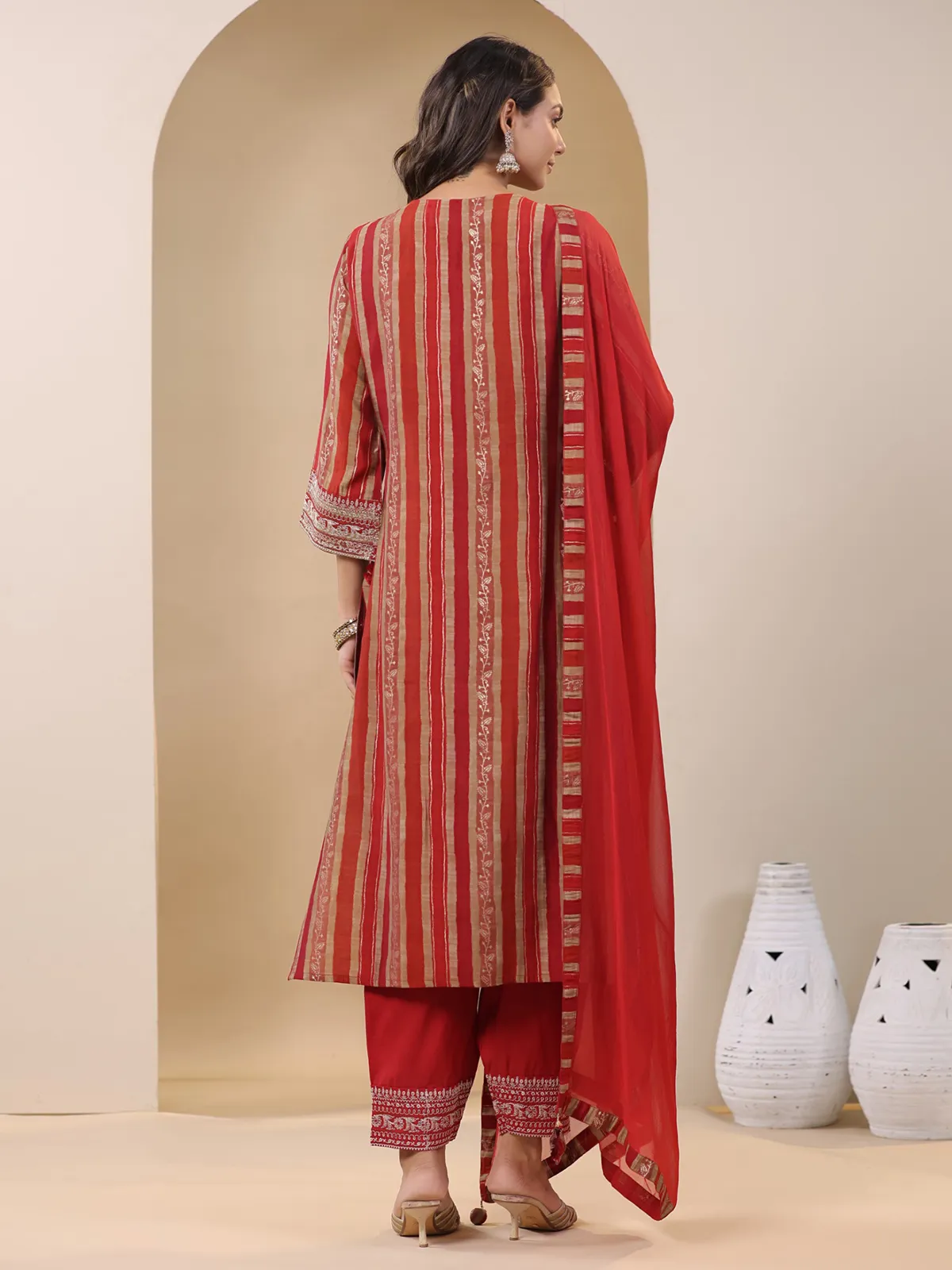 Newest red silk stripe kurti set