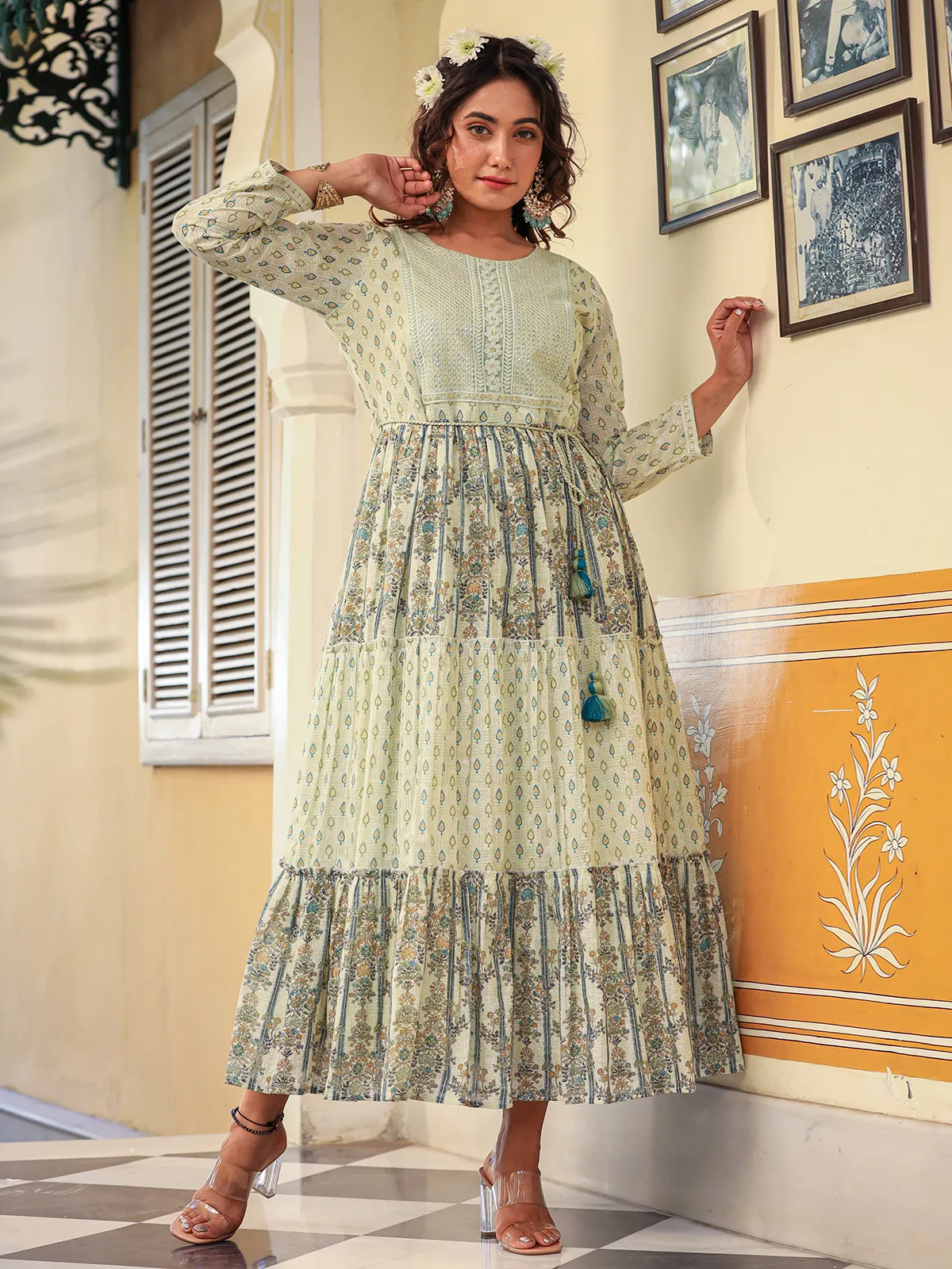 Newest sage green cotton printed kurti