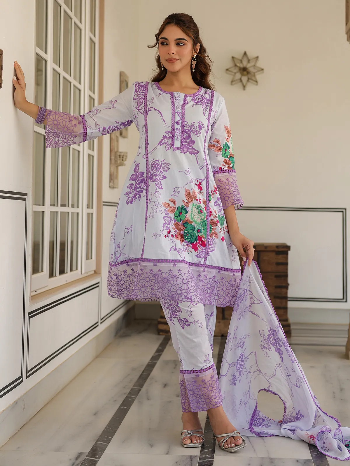 Newest white and purple silk kurti set