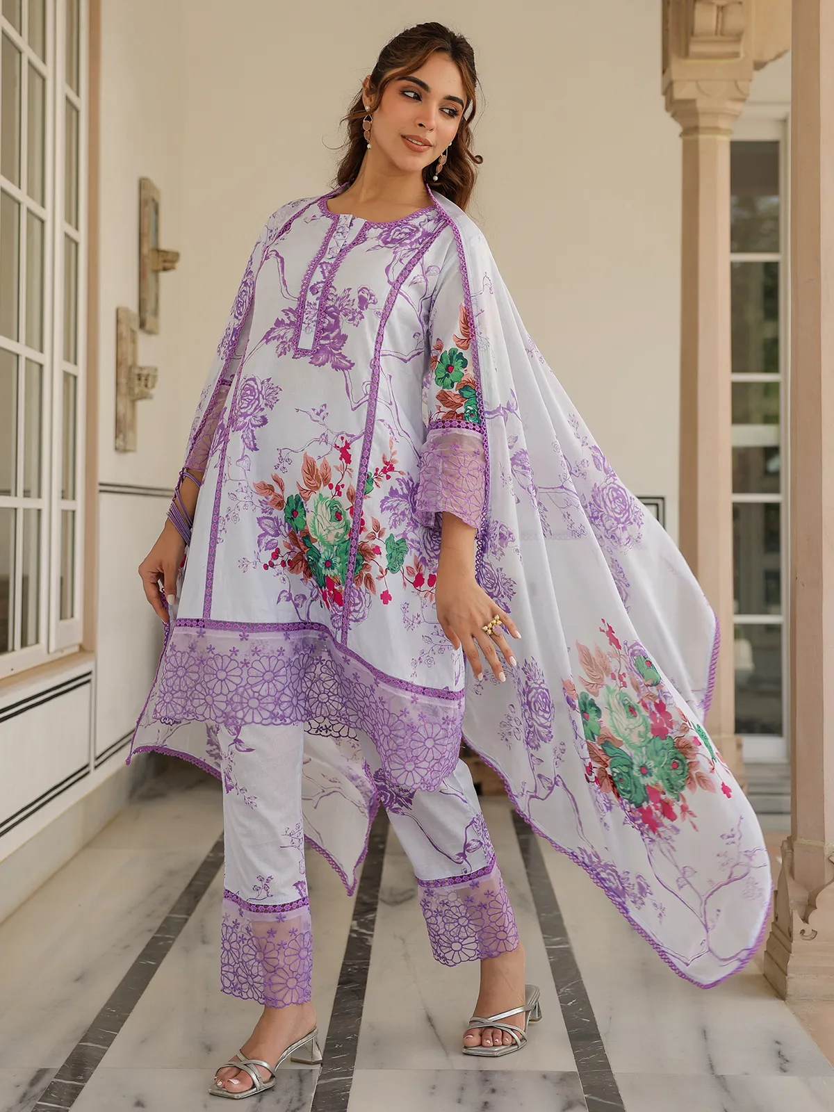 Newest white and purple silk kurti set