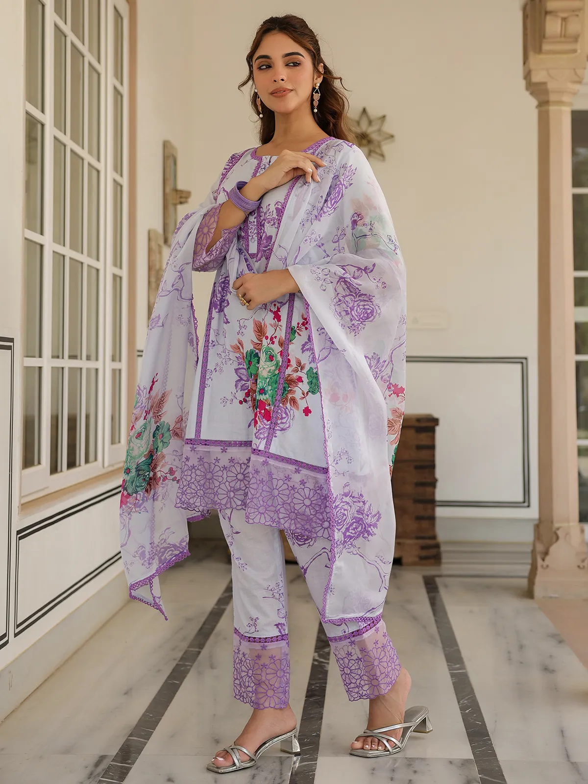 Newest white and purple silk kurti set