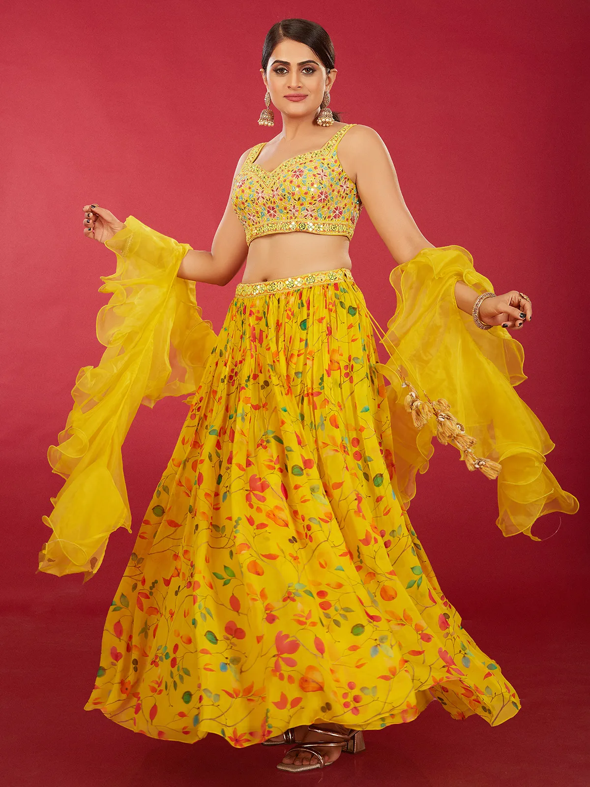 Newest yellow floral printed lehenga choli