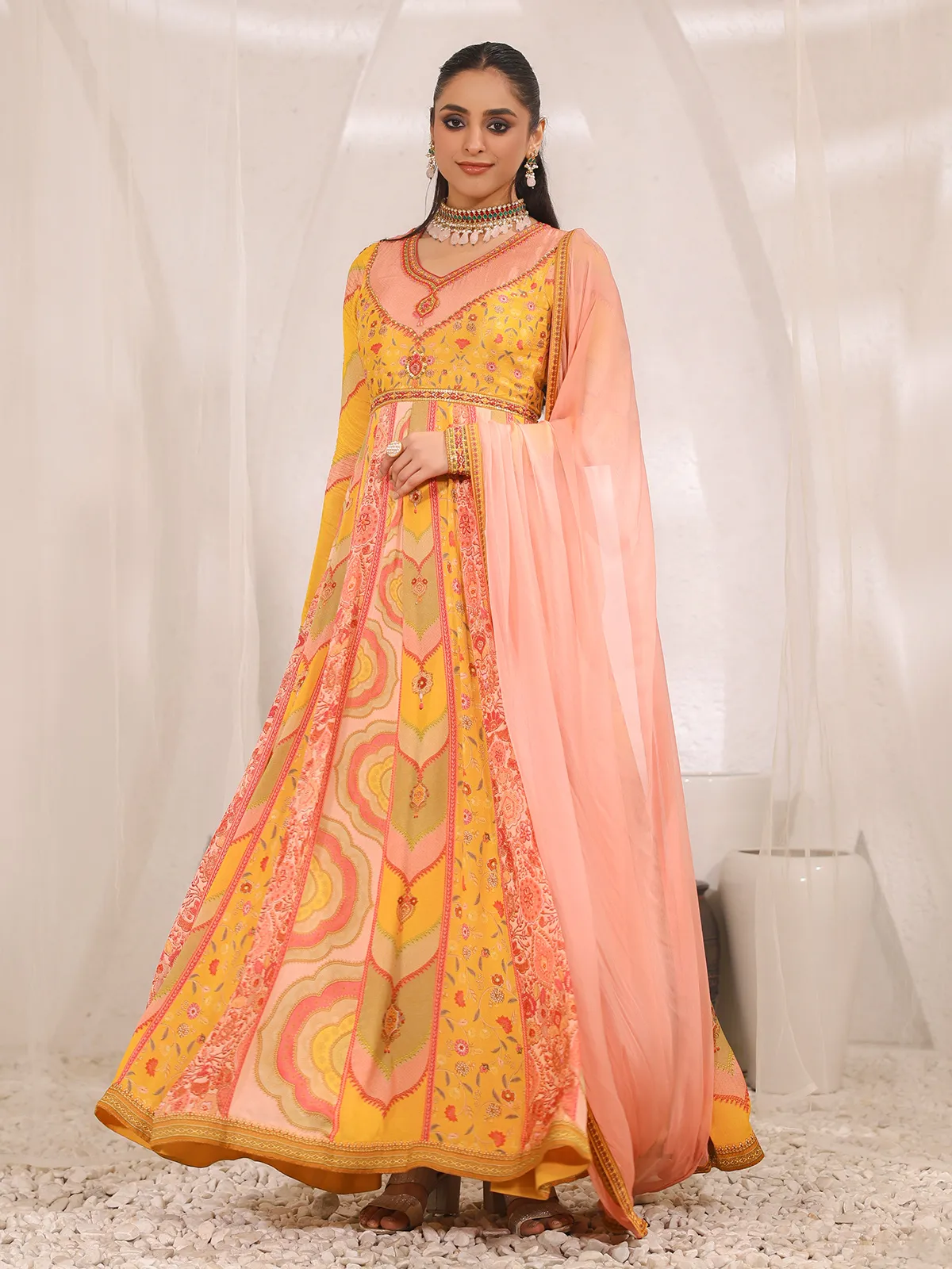 Newest yellow printed anarkali suit