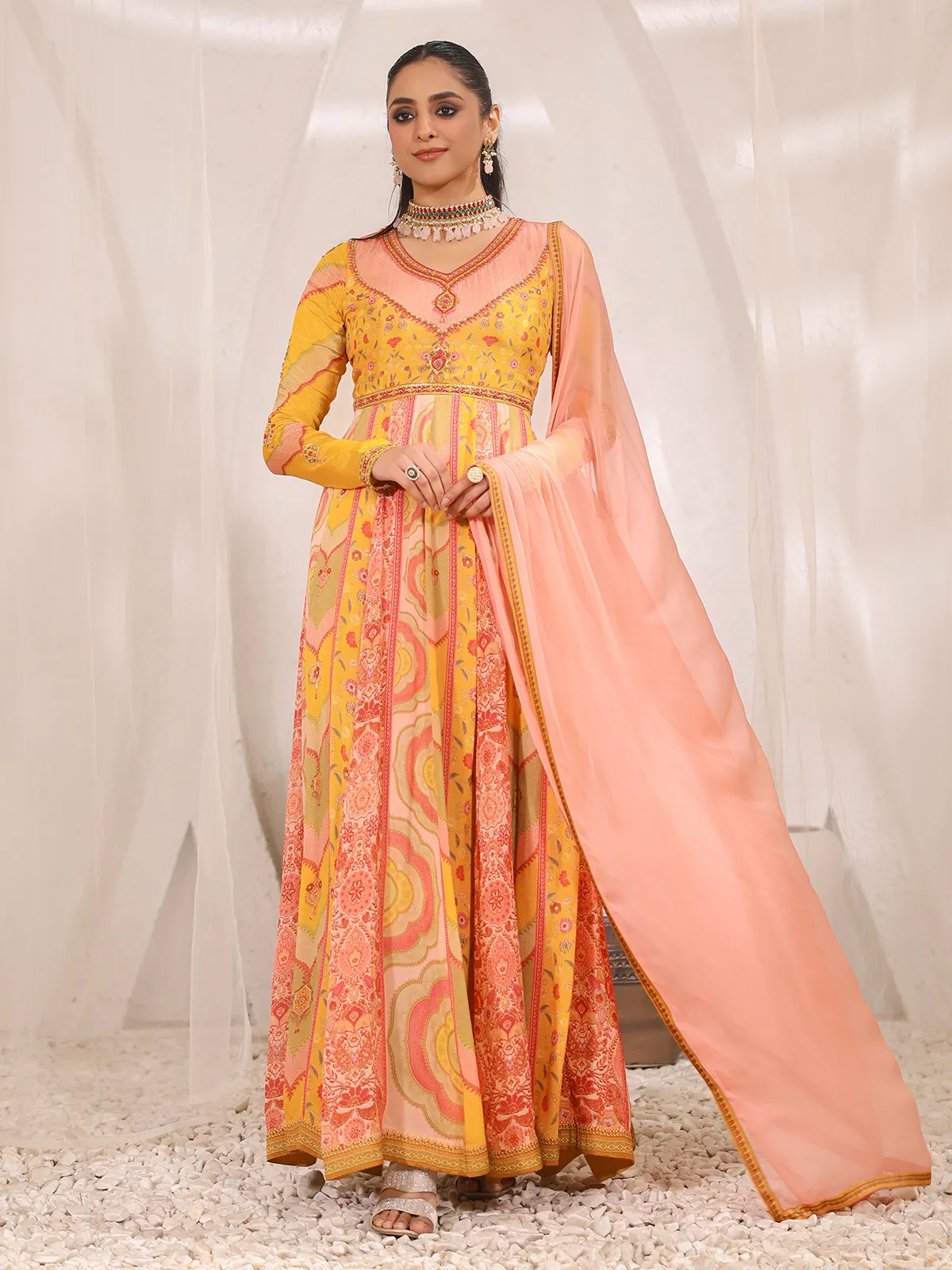 Newest yellow printed anarkali suit