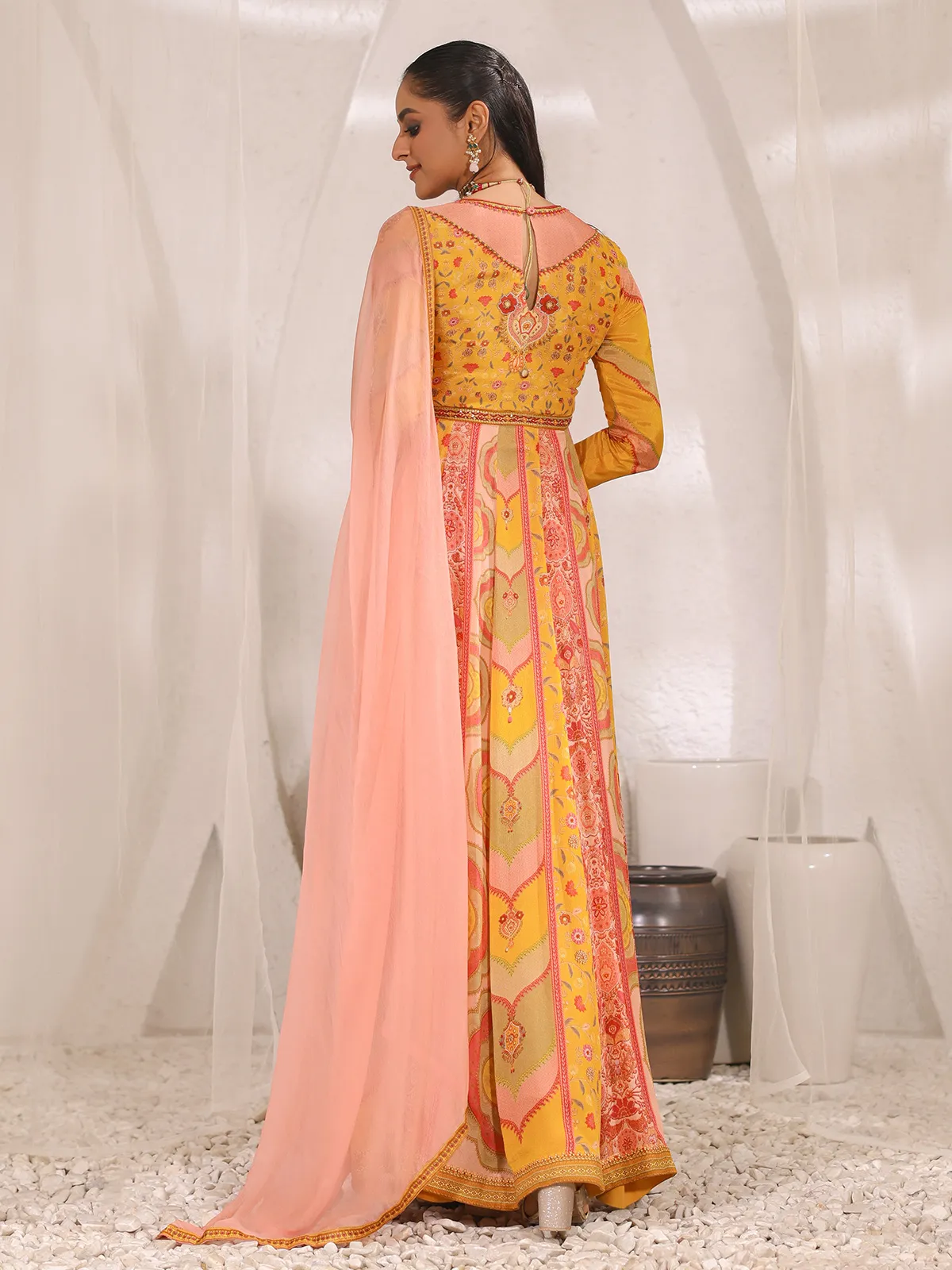 Newest yellow printed anarkali suit