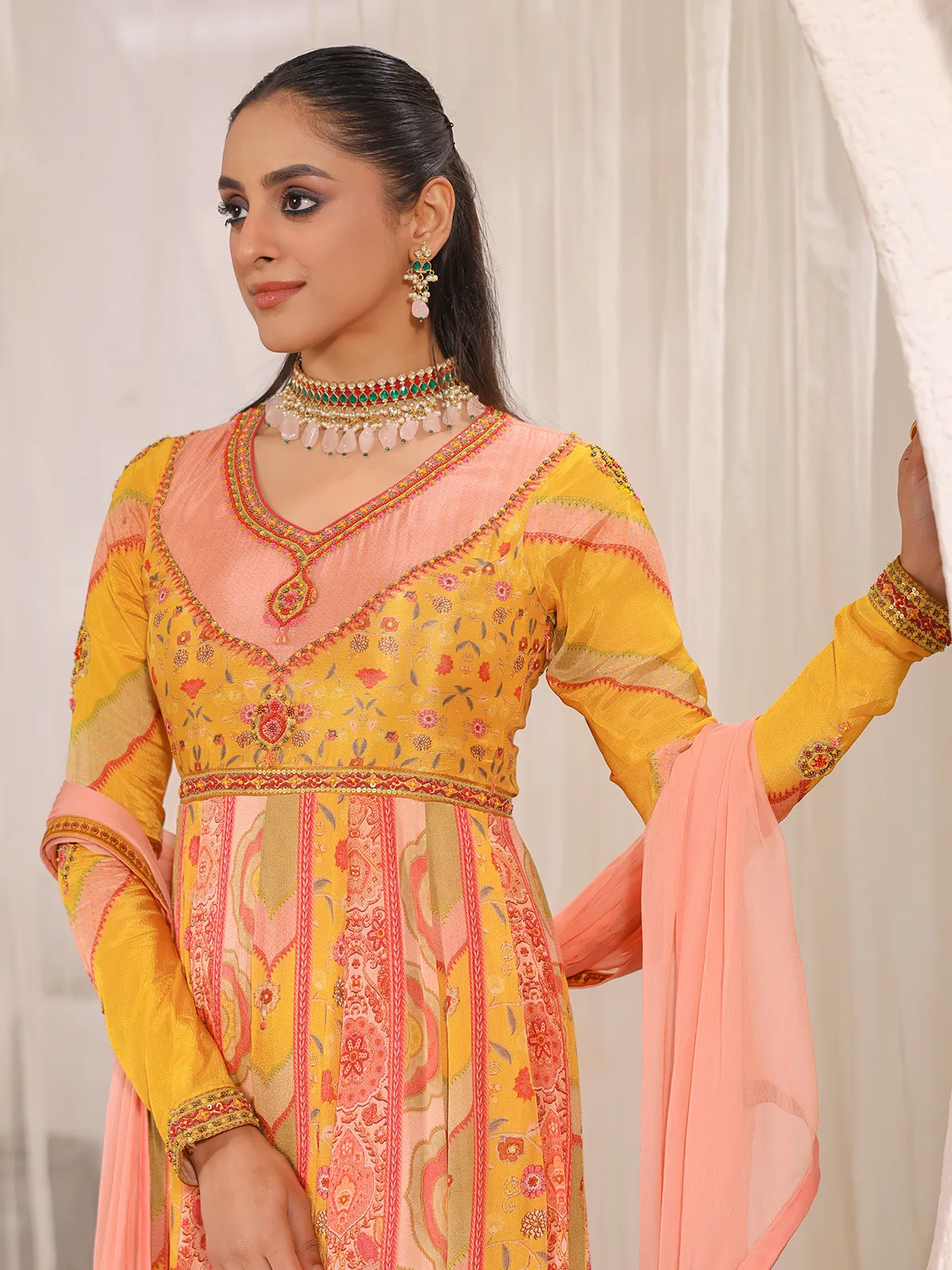Newest yellow printed anarkali suit