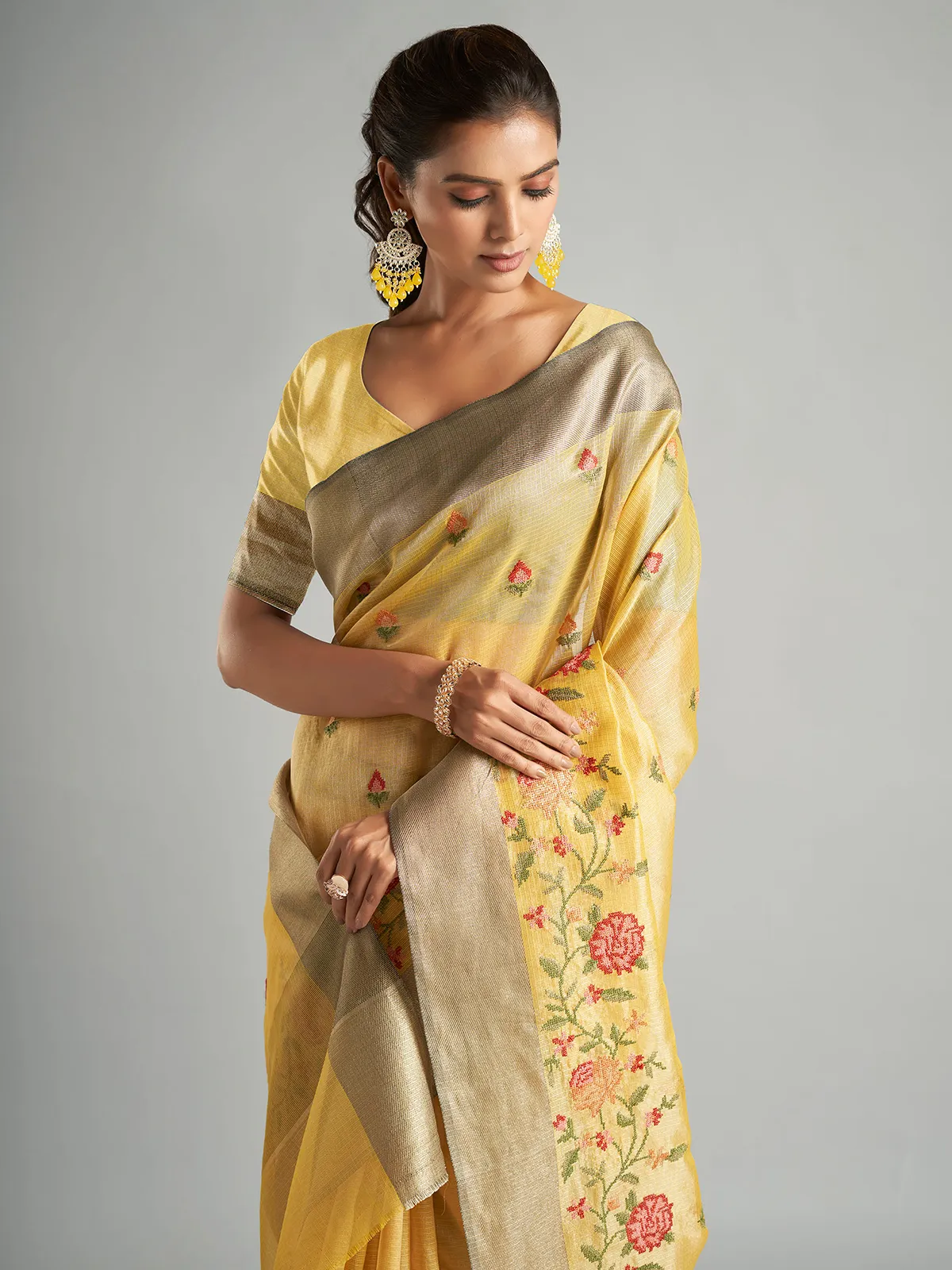 Newest yellow tissue silk saree