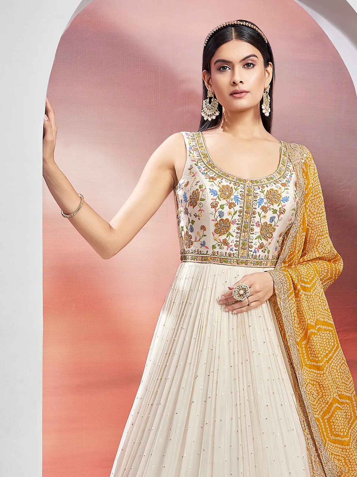 Off-white anarkali suit with printed dupatta