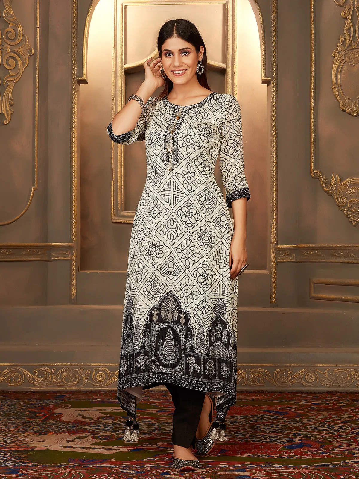 Off white and black printed a line kurti