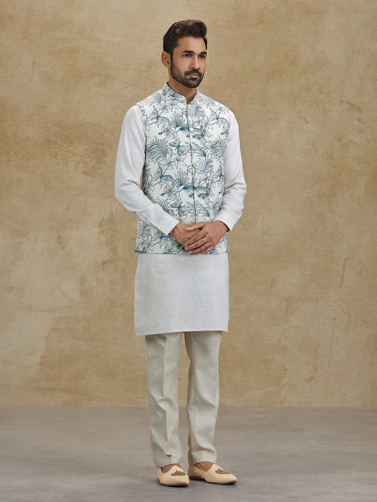 Off white and blue floral printed silk waistcoat set