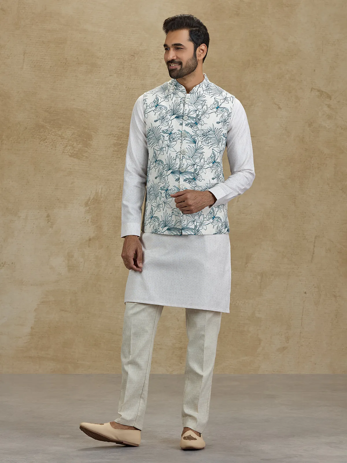 Off white and blue floral printed silk waistcoat set