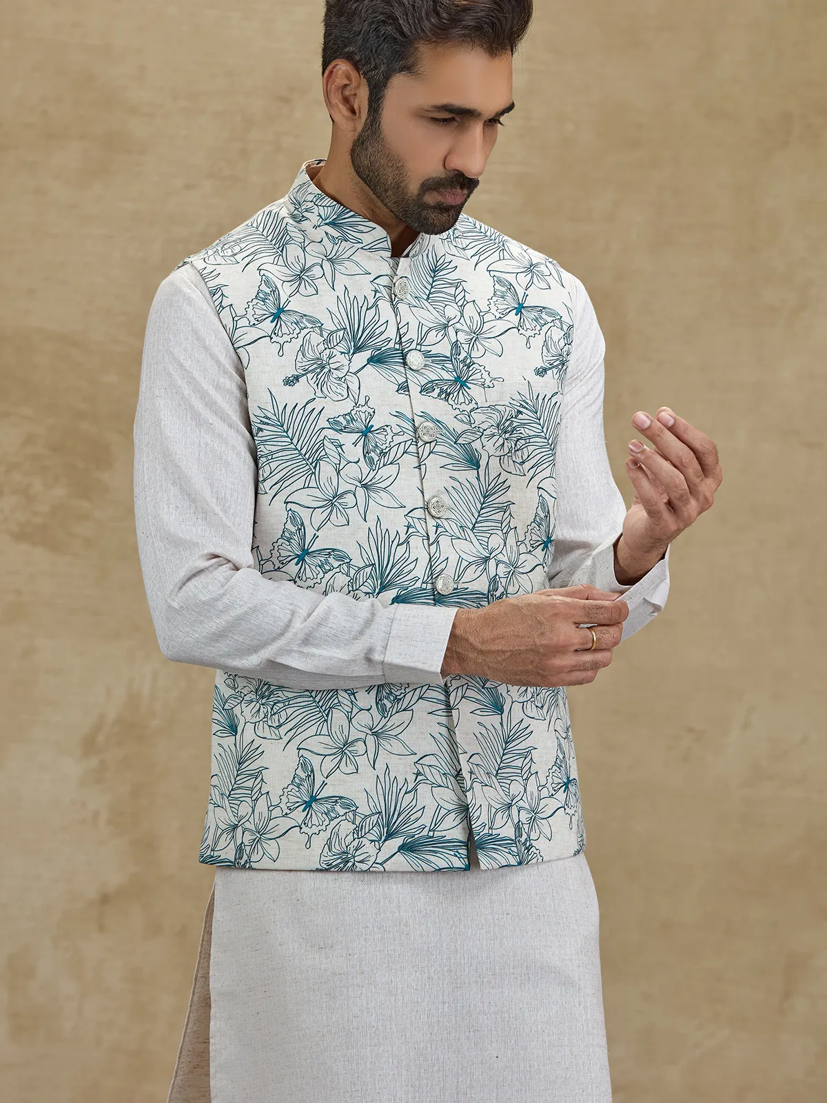 Off white and blue floral printed silk waistcoat set