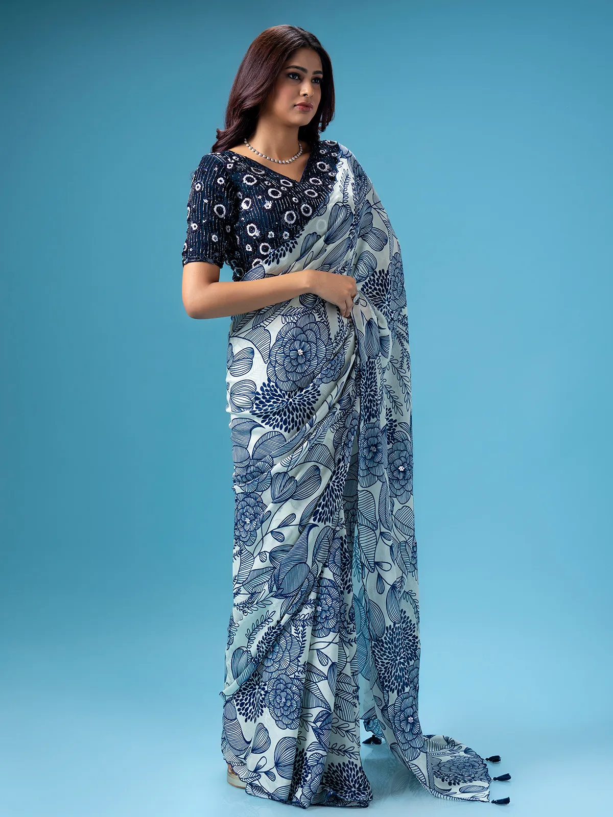 Off white and blue printed saree