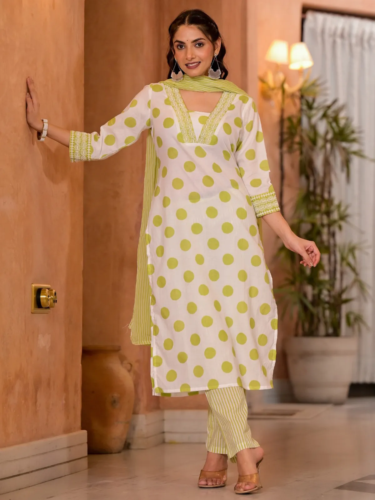 Off white and light green cotton kurti set with dupatta