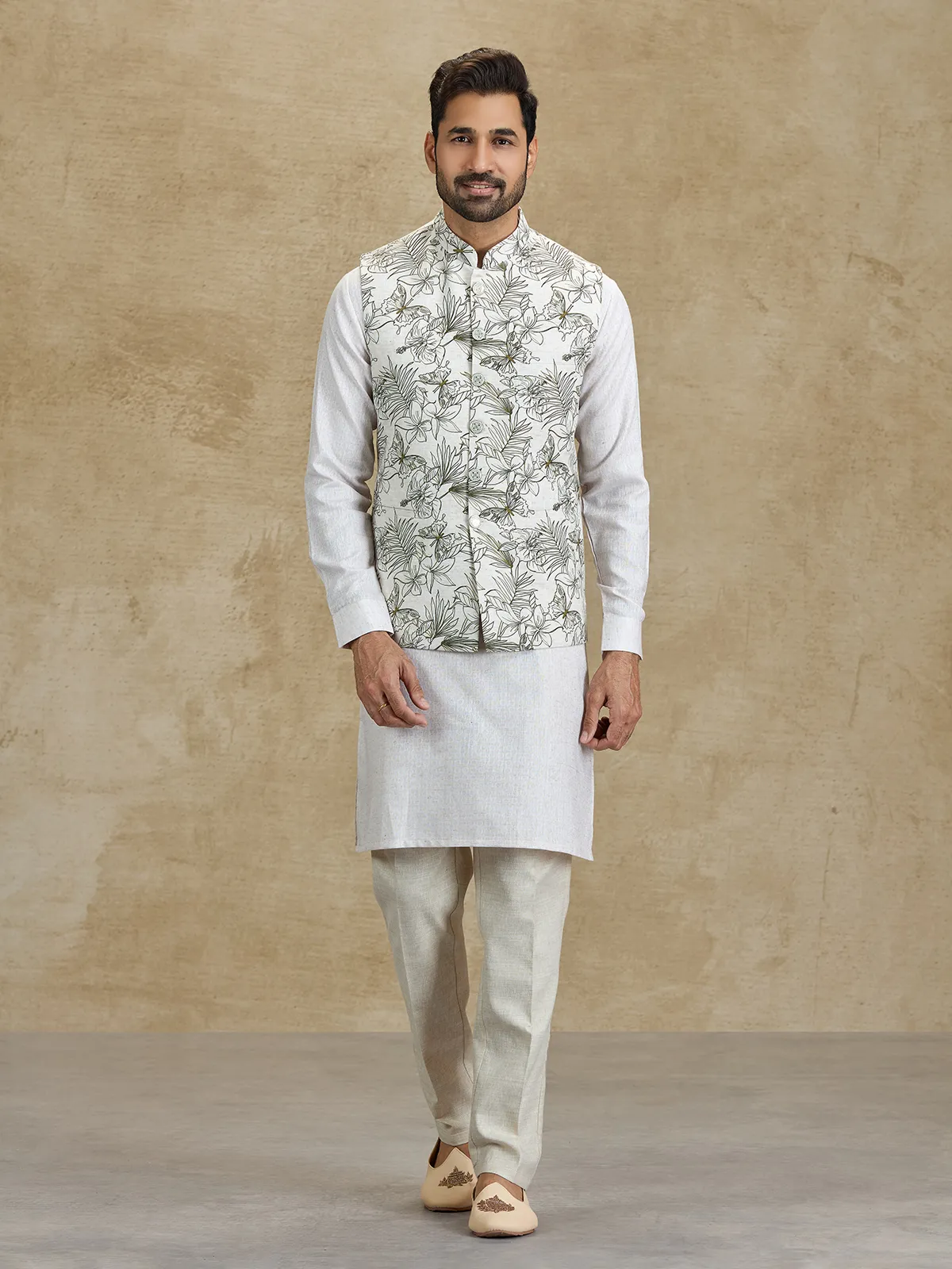Off white and olive floral printed silk waistcoat set