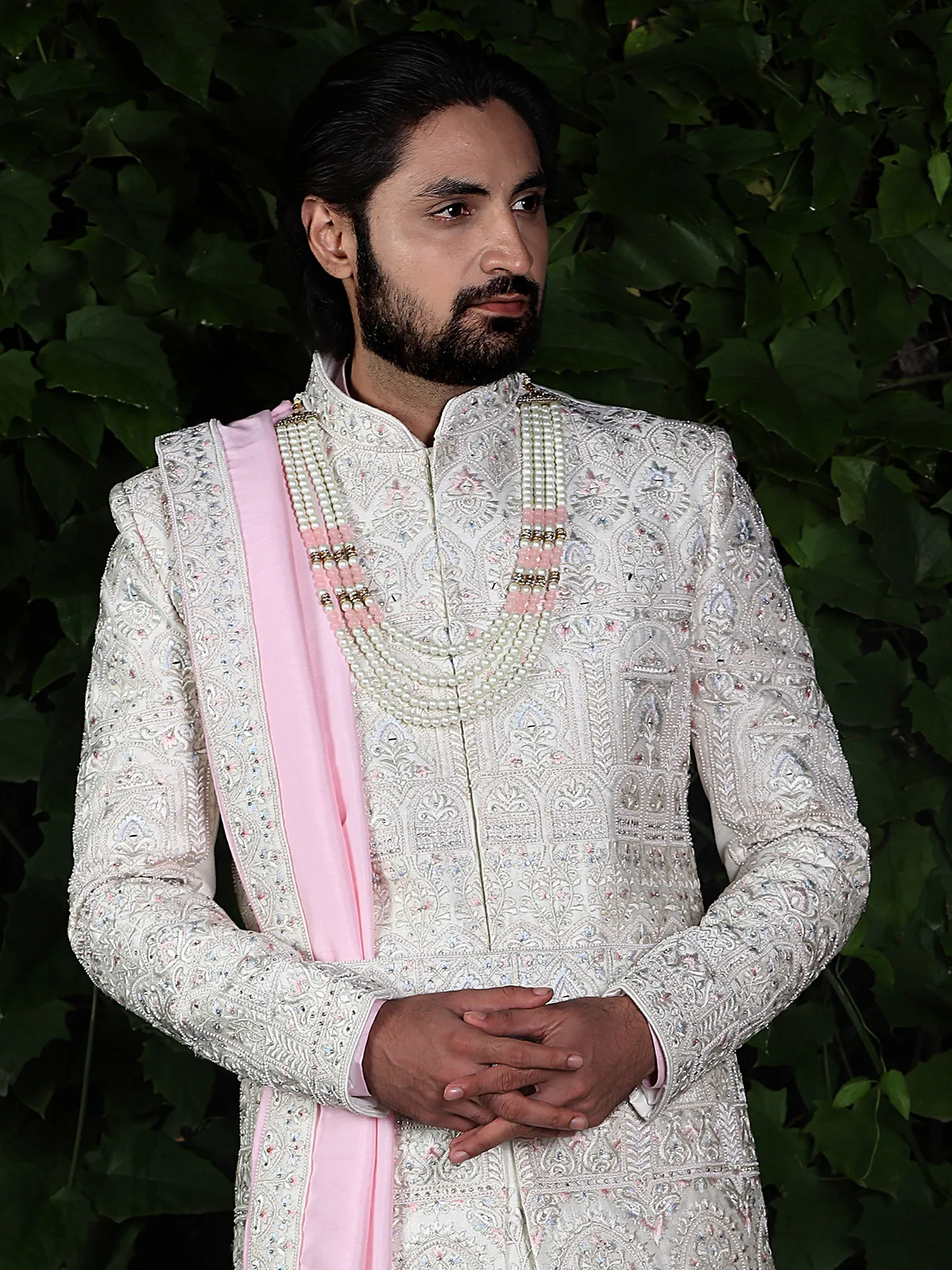 Off white and pink raw silk sherwani for wedding