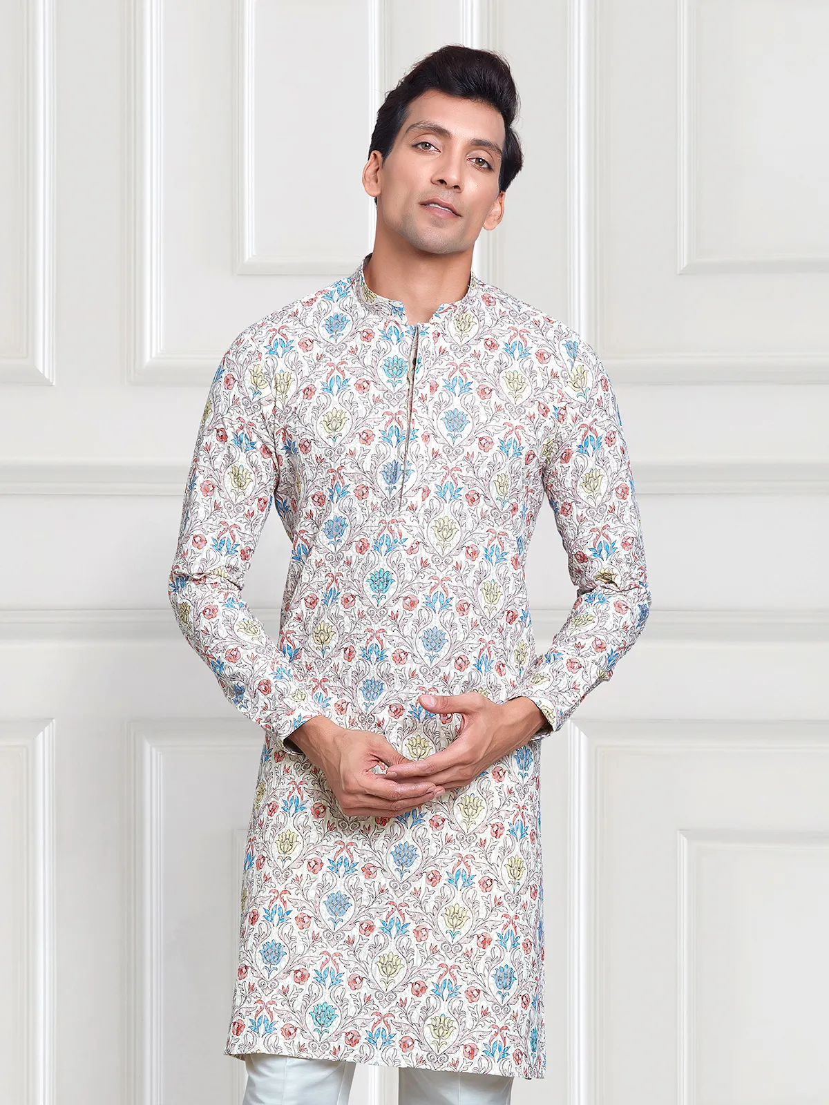 Off white and yellow printed kurta suit