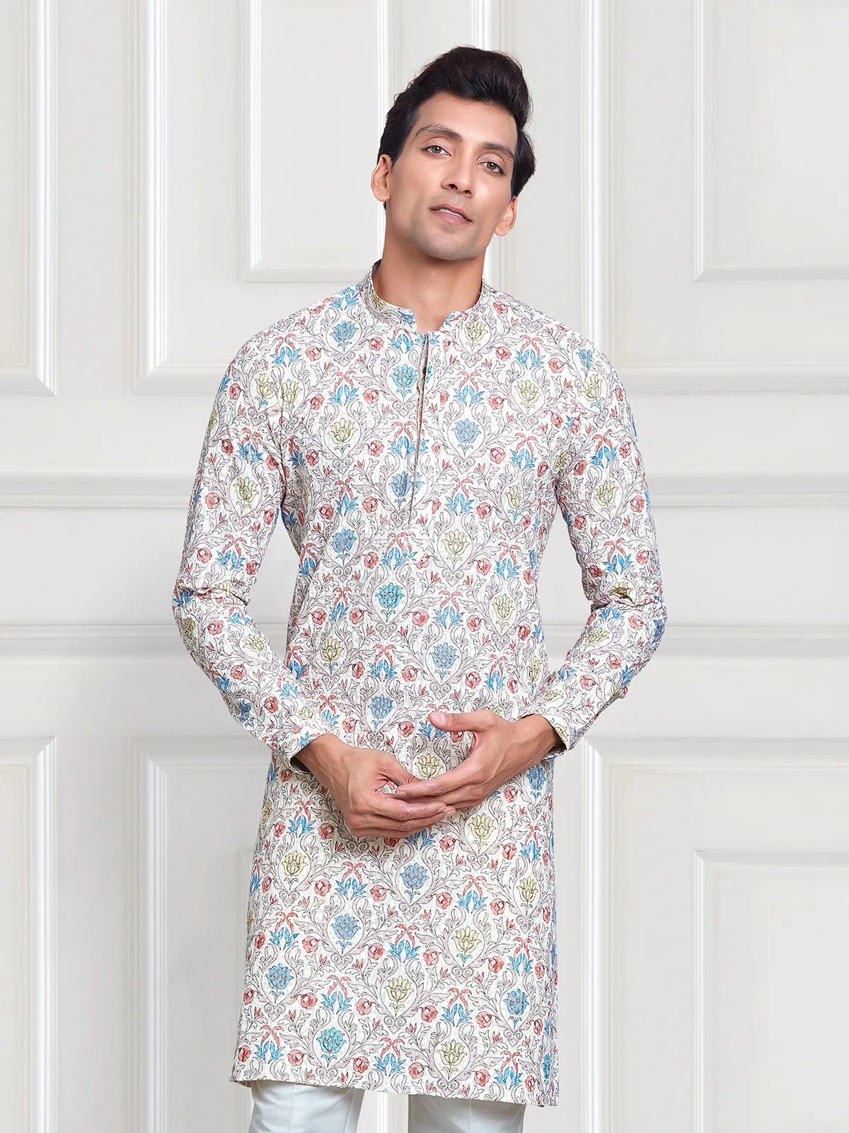 Off white and yellow printed  Men Kurta pajama