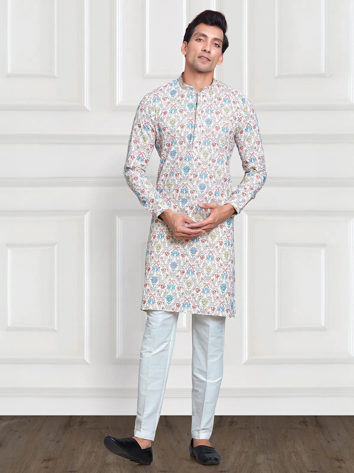 Off white and yellow printed  Men Kurta pajama