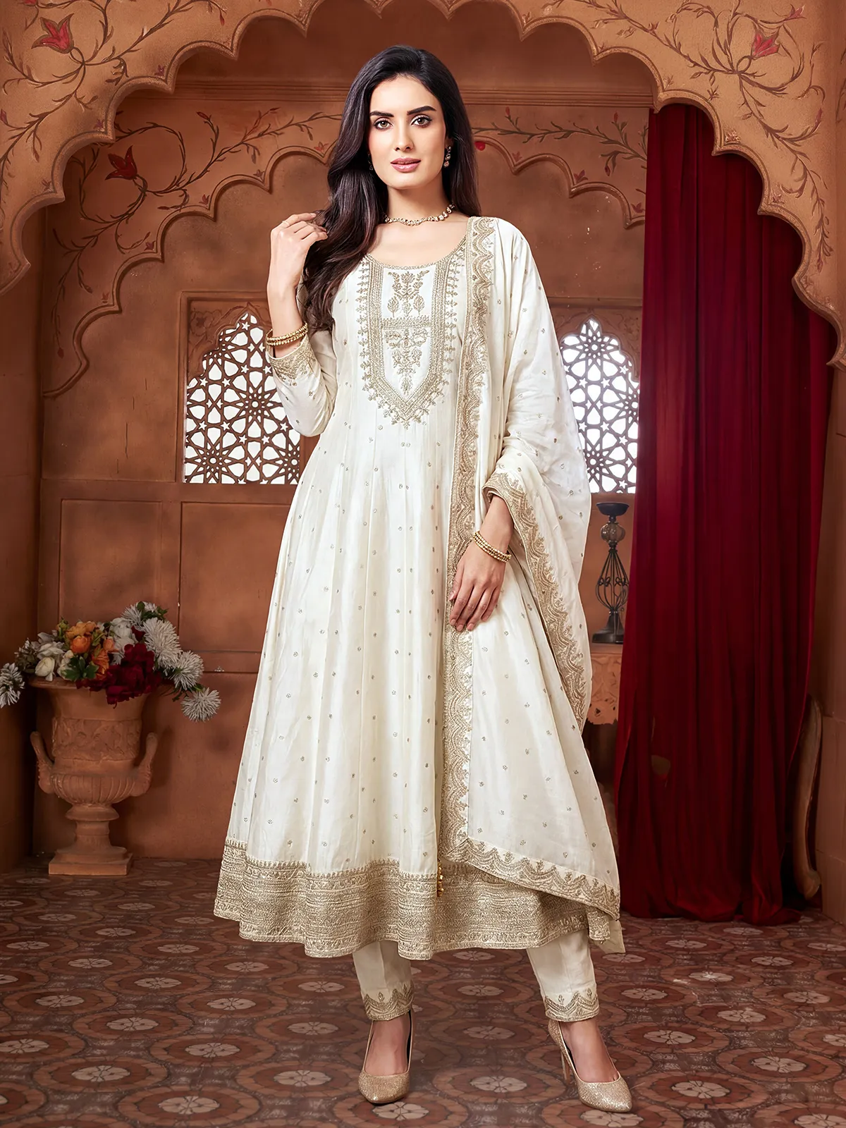 chanderi silk anarkali dresses Embellished Yellow Chanderi Silk Anarkali Suit  fabdyor.com