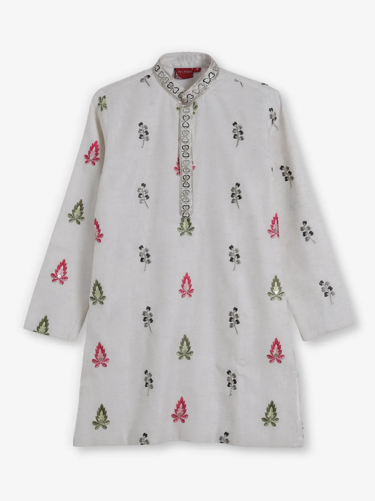 Off white cotton silk embroidered festive kurta suit