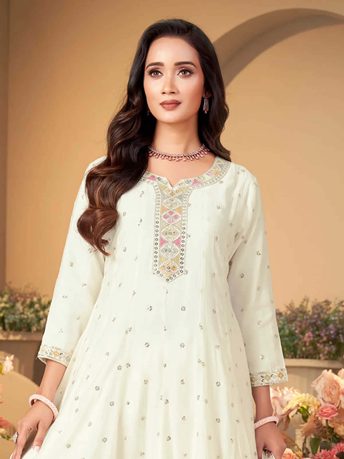 white cotton anarkali dress Nora fatehi White cotton floral printed long anarkali suit