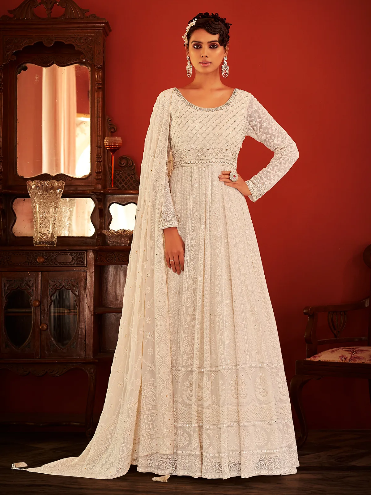 Off-white embroidery anarkali suit