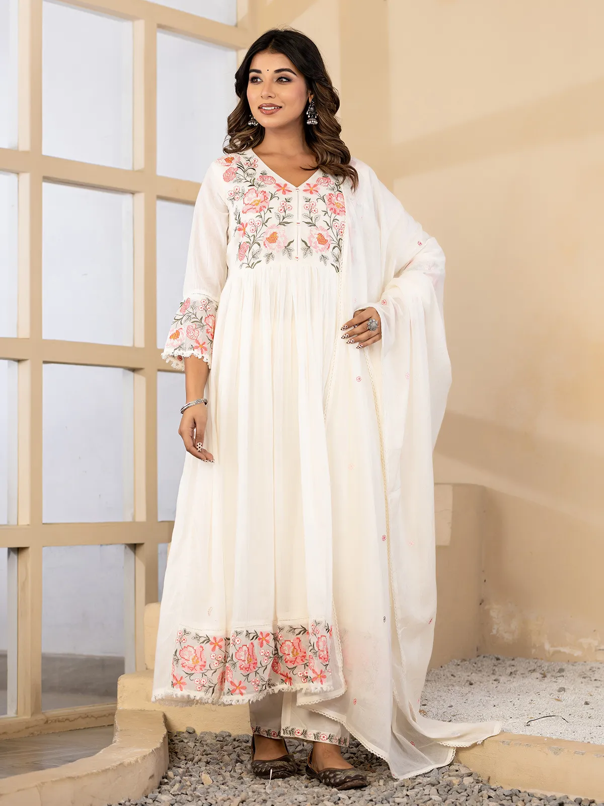 cotton anarkali dress online shopping Off White Floral Elegance Anarkali Kurti Set