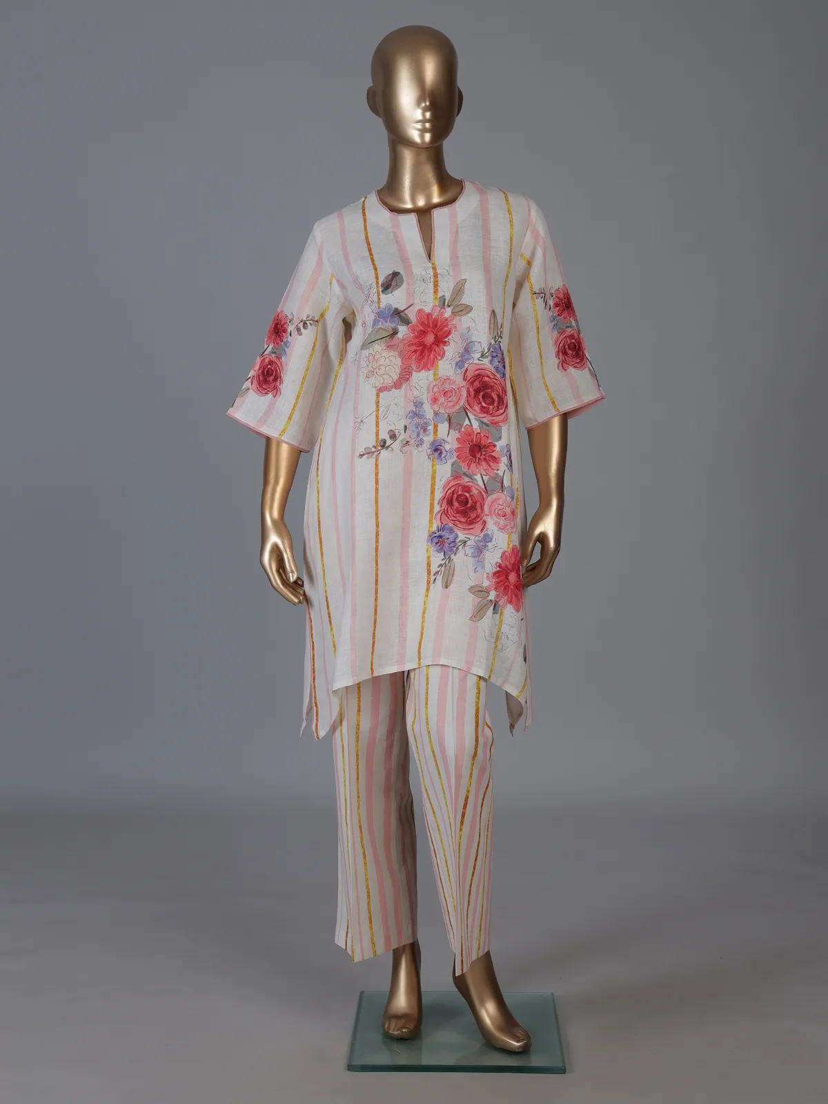 Off white linen co ord set with floral stripes