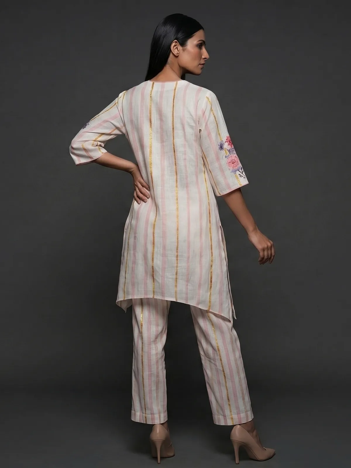Off white linen co ord set with floral stripes