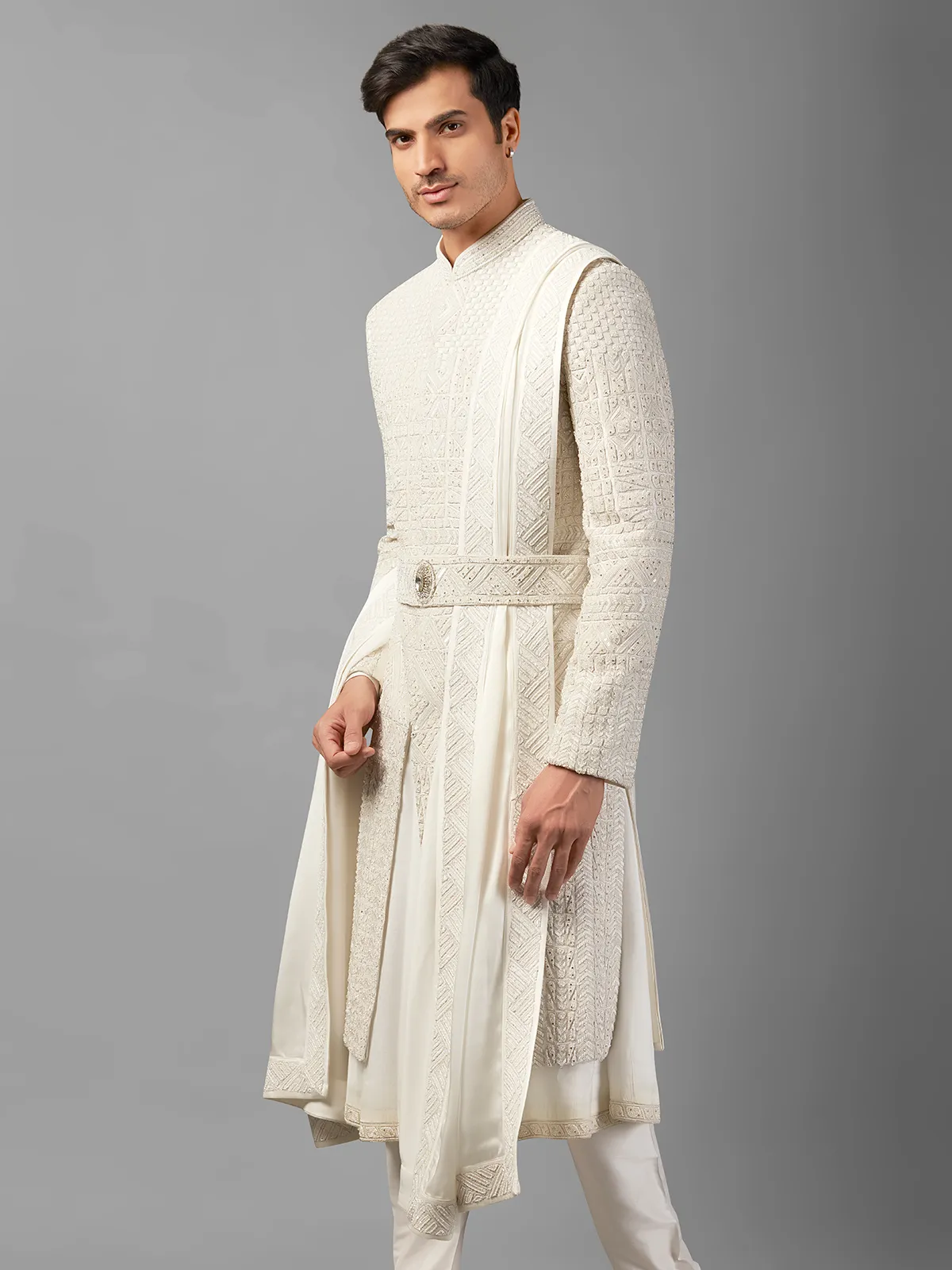 Off-white peshwai style groom sherwani