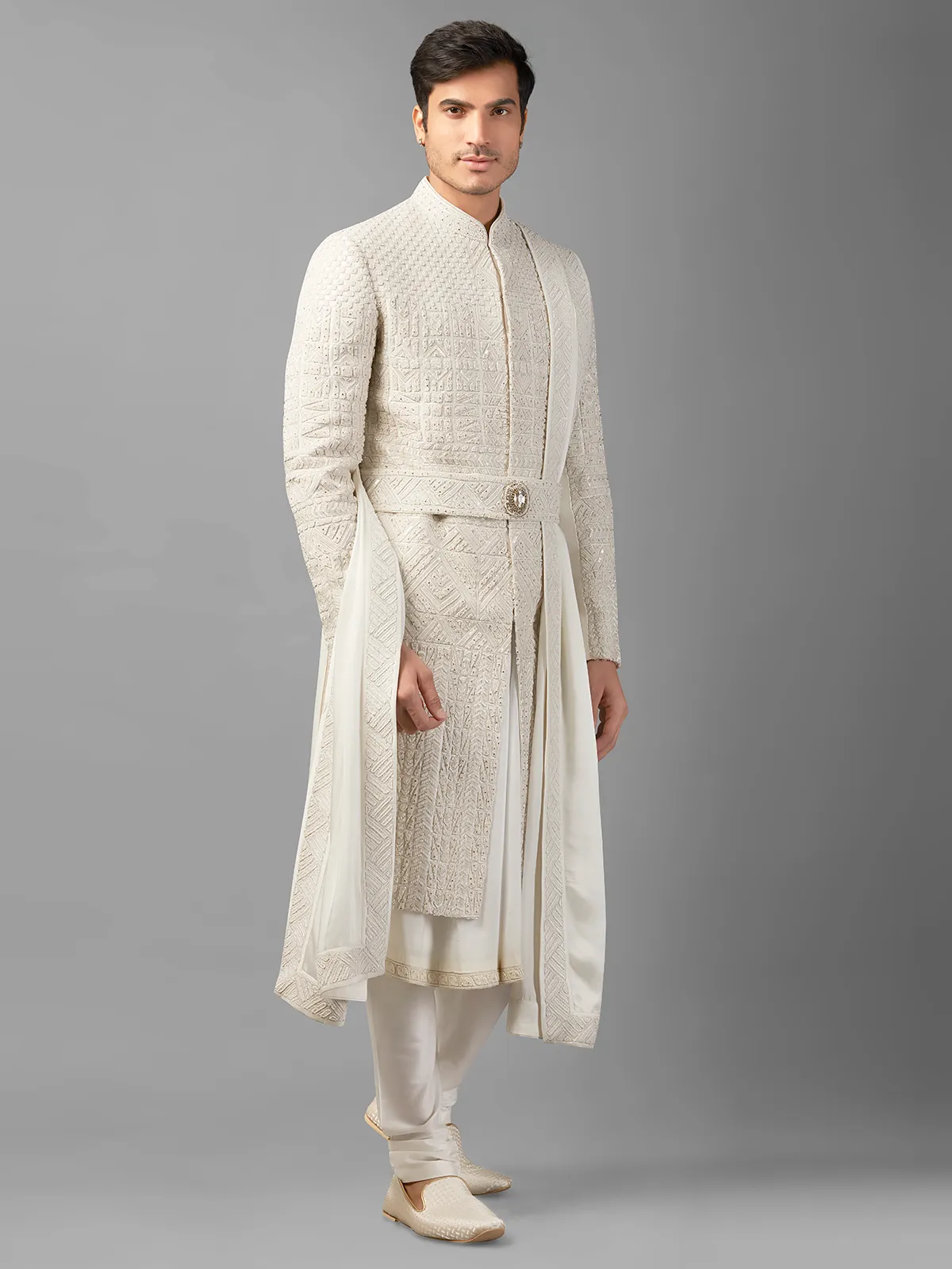 Off-white peshwai style groom sherwani