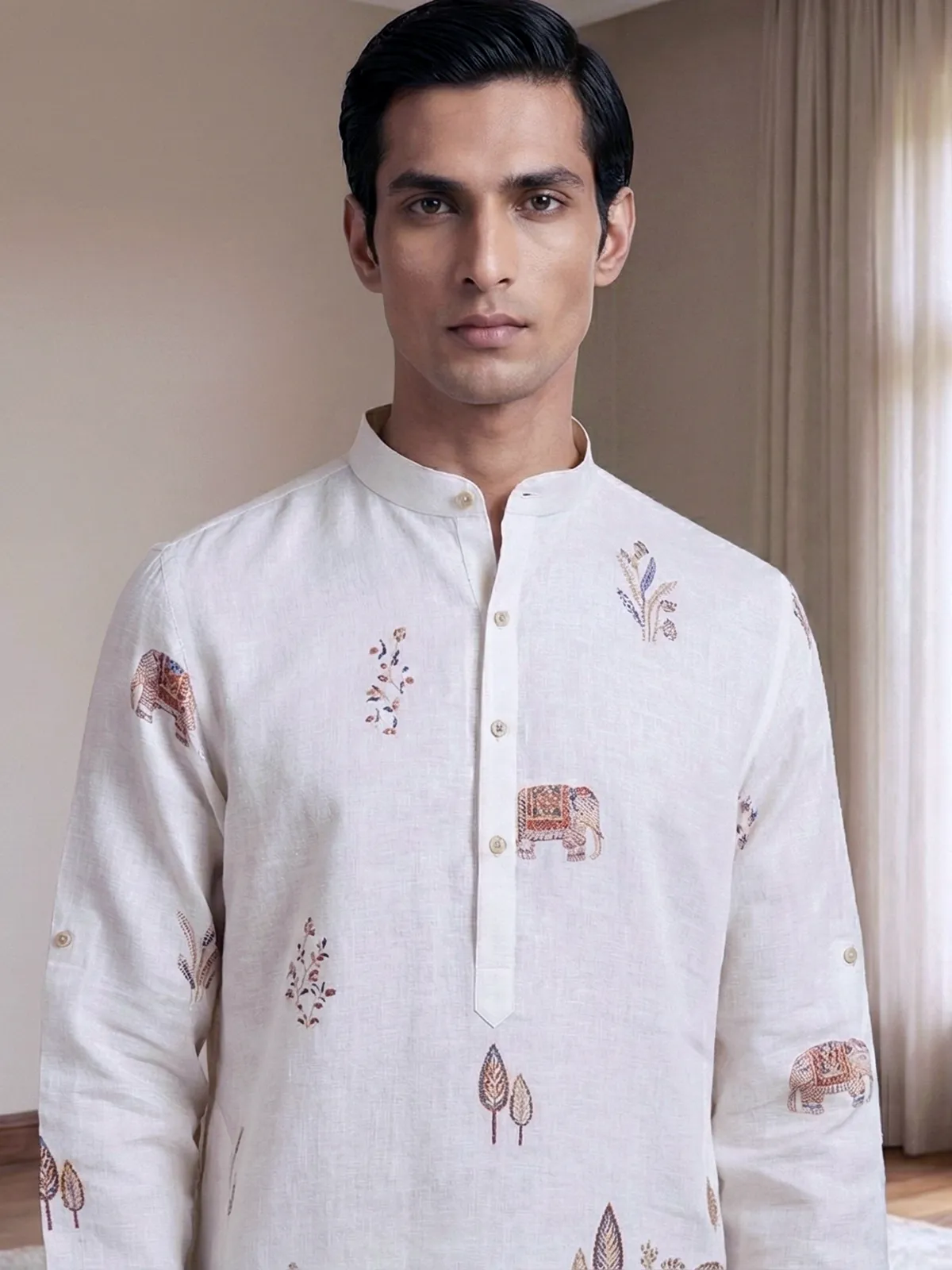 Off white printed cotton blend festive short kurta