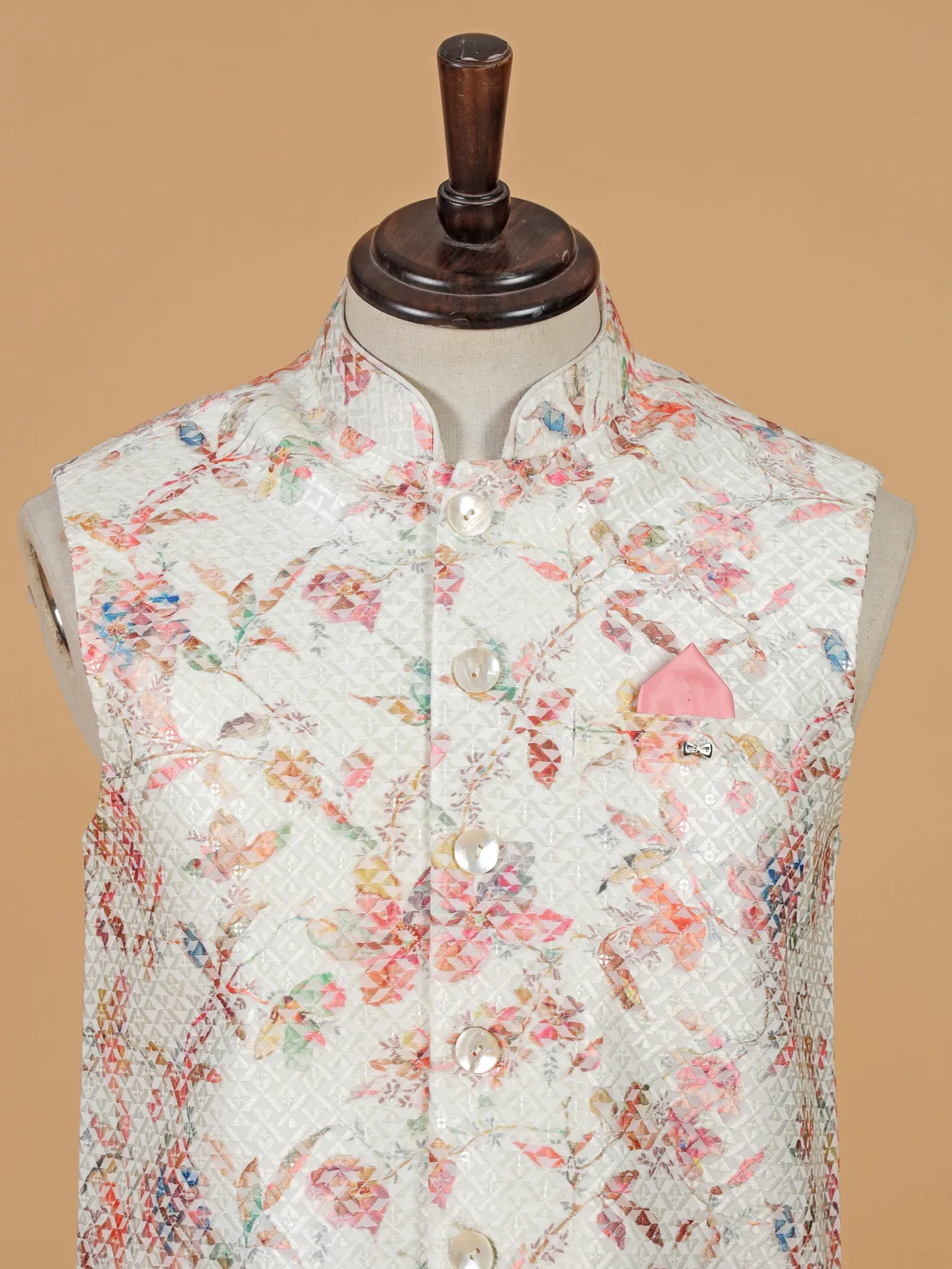 Off white printed cotton silk waistcoat