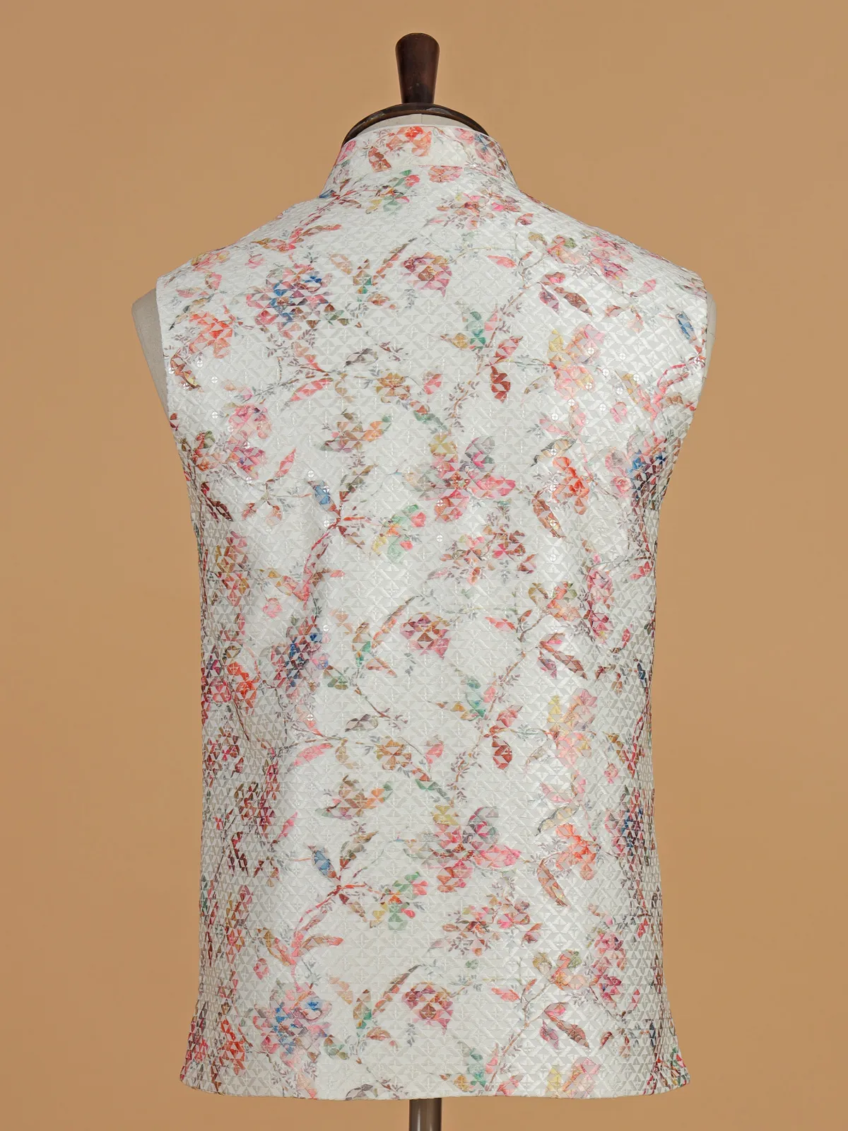 Off white printed cotton silk waistcoat