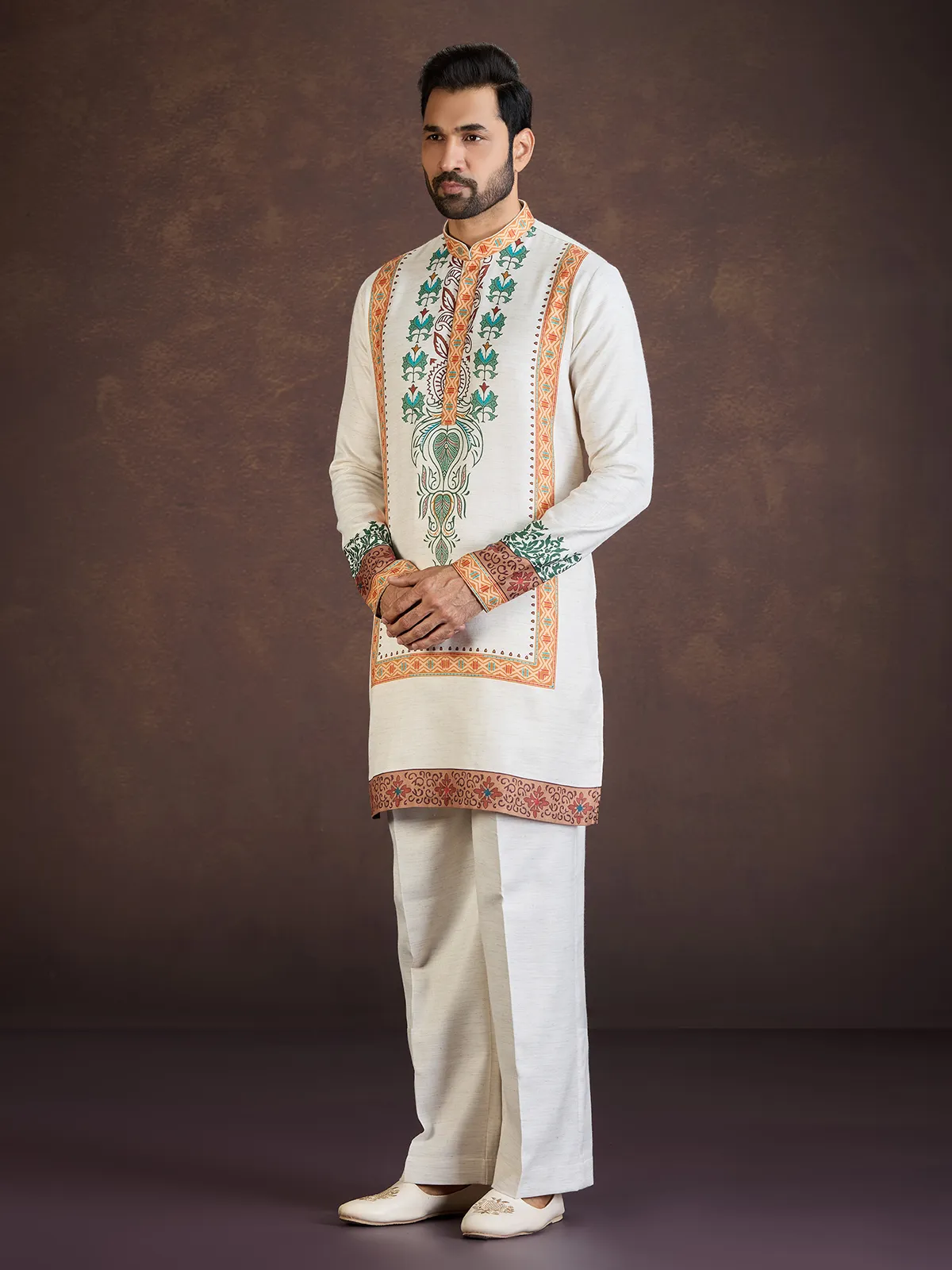 Off white printed soft linen kurta suit