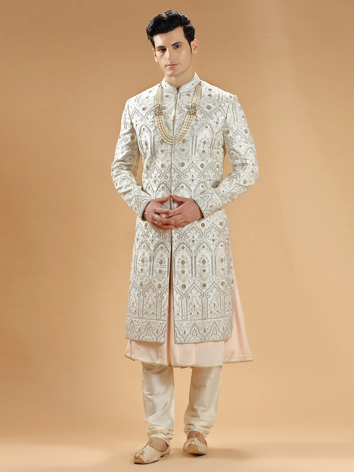 Off white raw silk groom sherwani