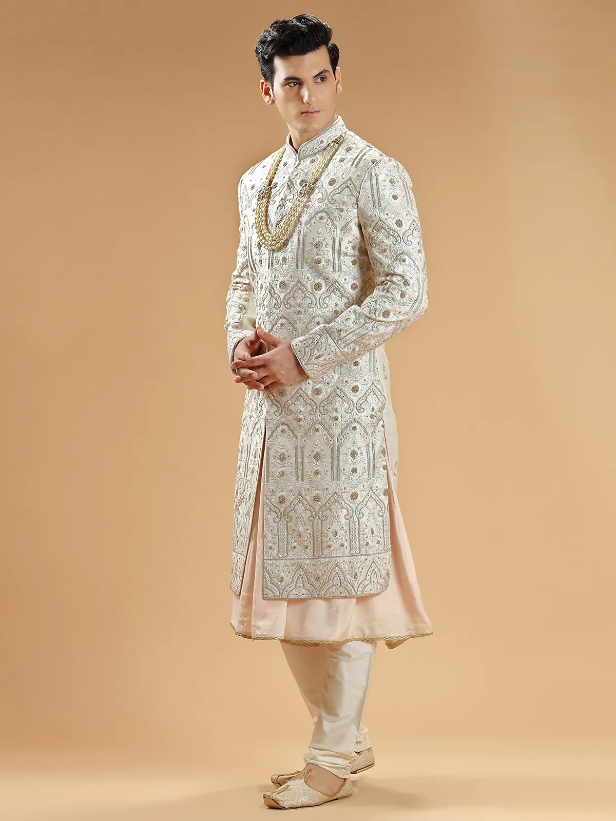 Off white raw silk groom sherwani