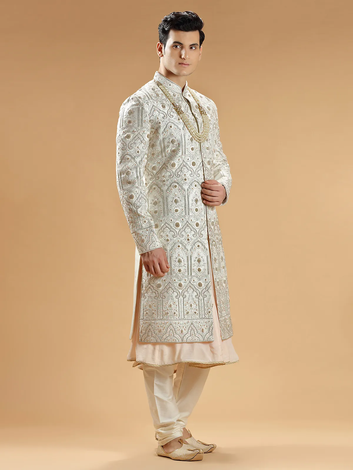 Off white raw silk groom sherwani